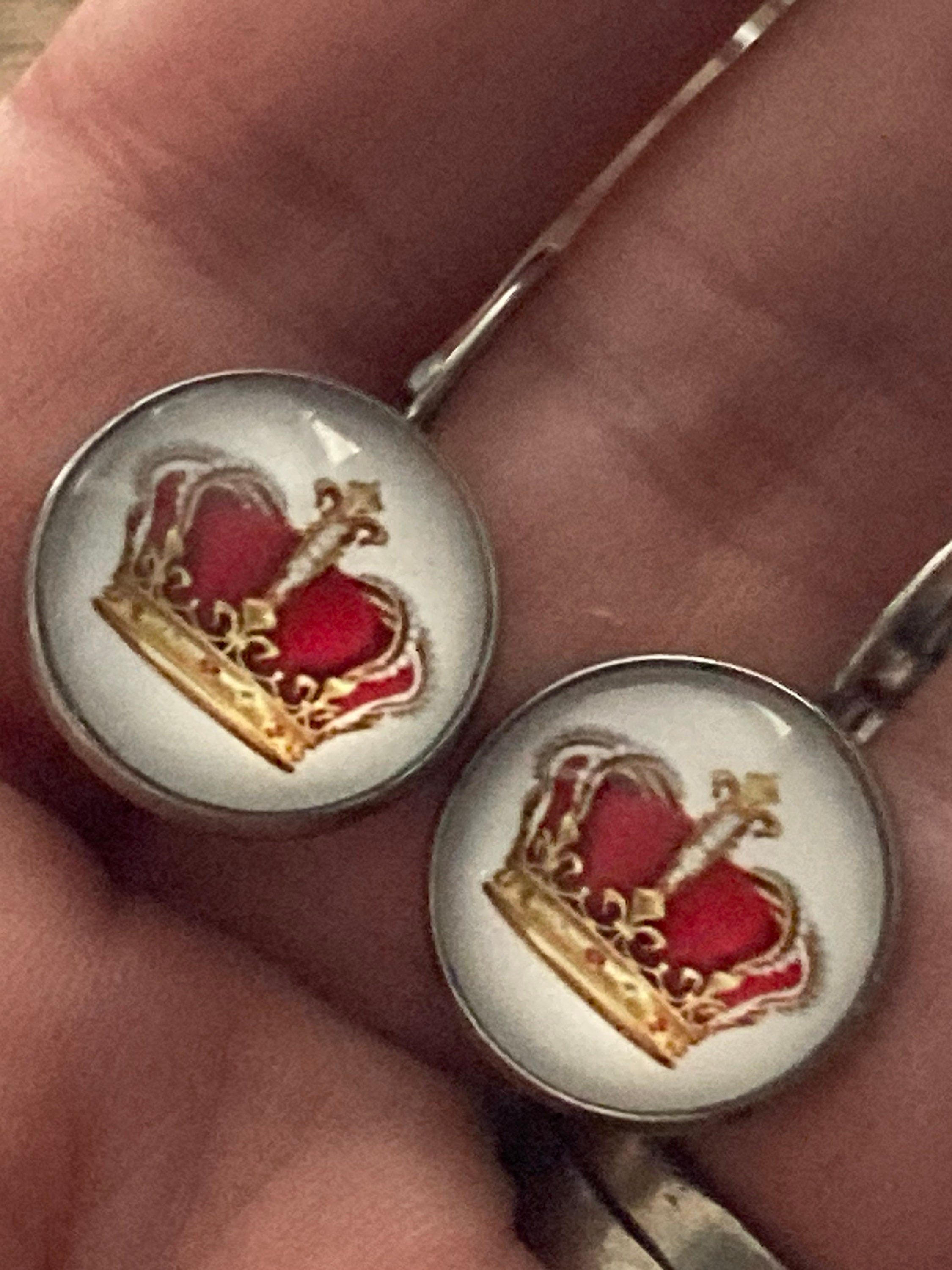 Red and gold royal crown drop earrings lever back silver tone