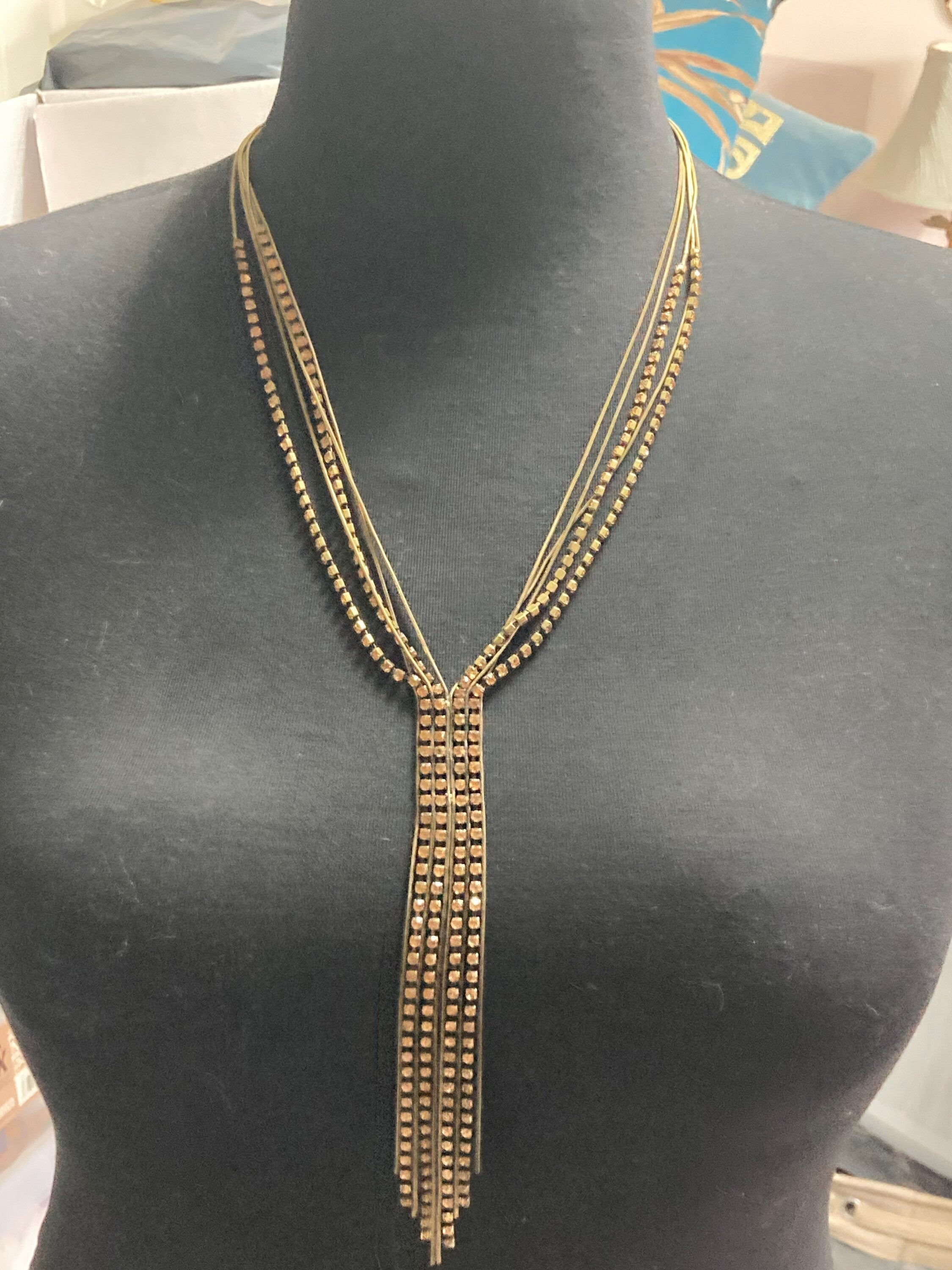 Retro brown cognac glass diamanté rhinestone waterfall drop necklace gold tone