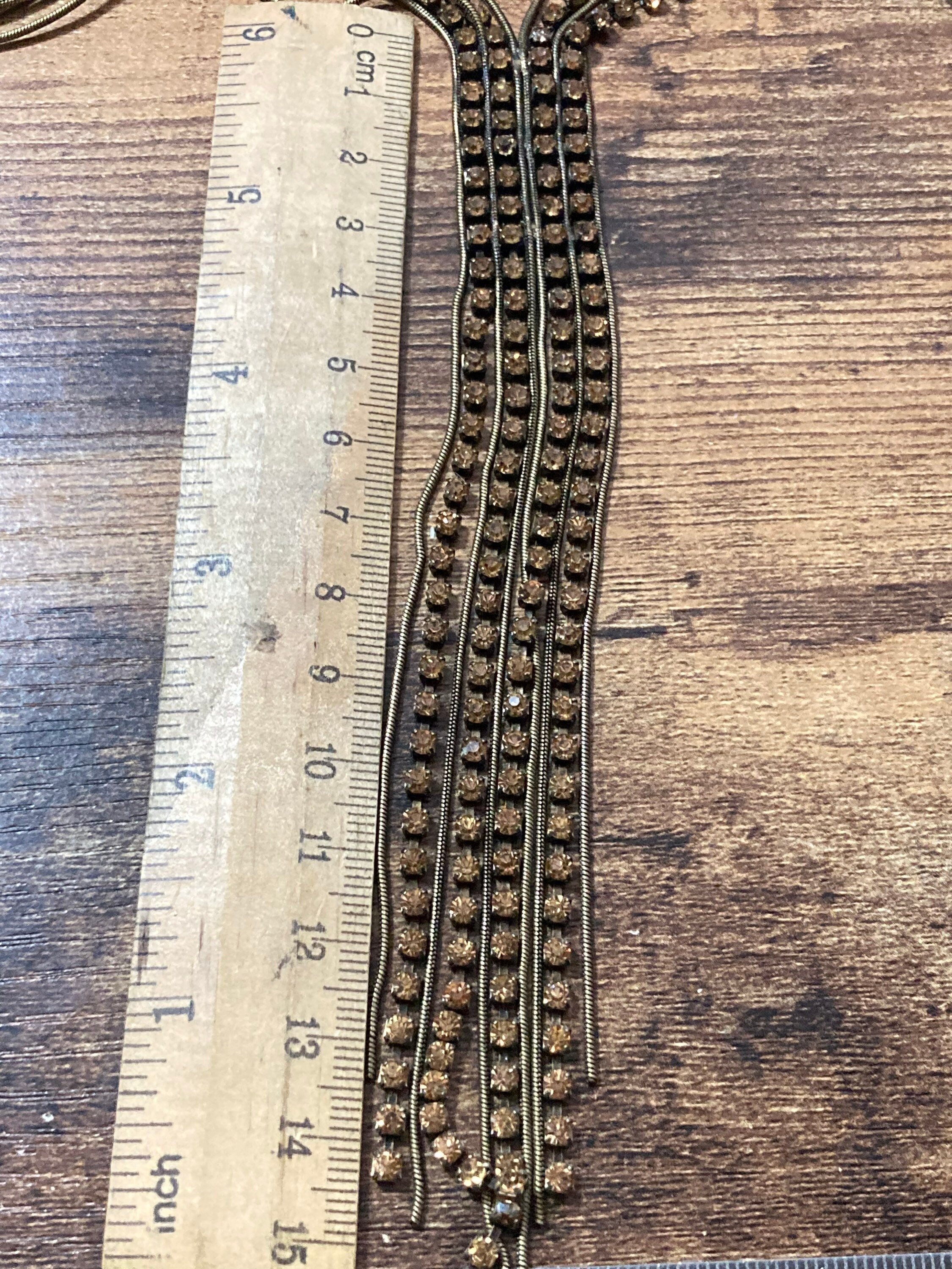 Retro brown cognac glass diamanté rhinestone waterfall drop necklace gold tone