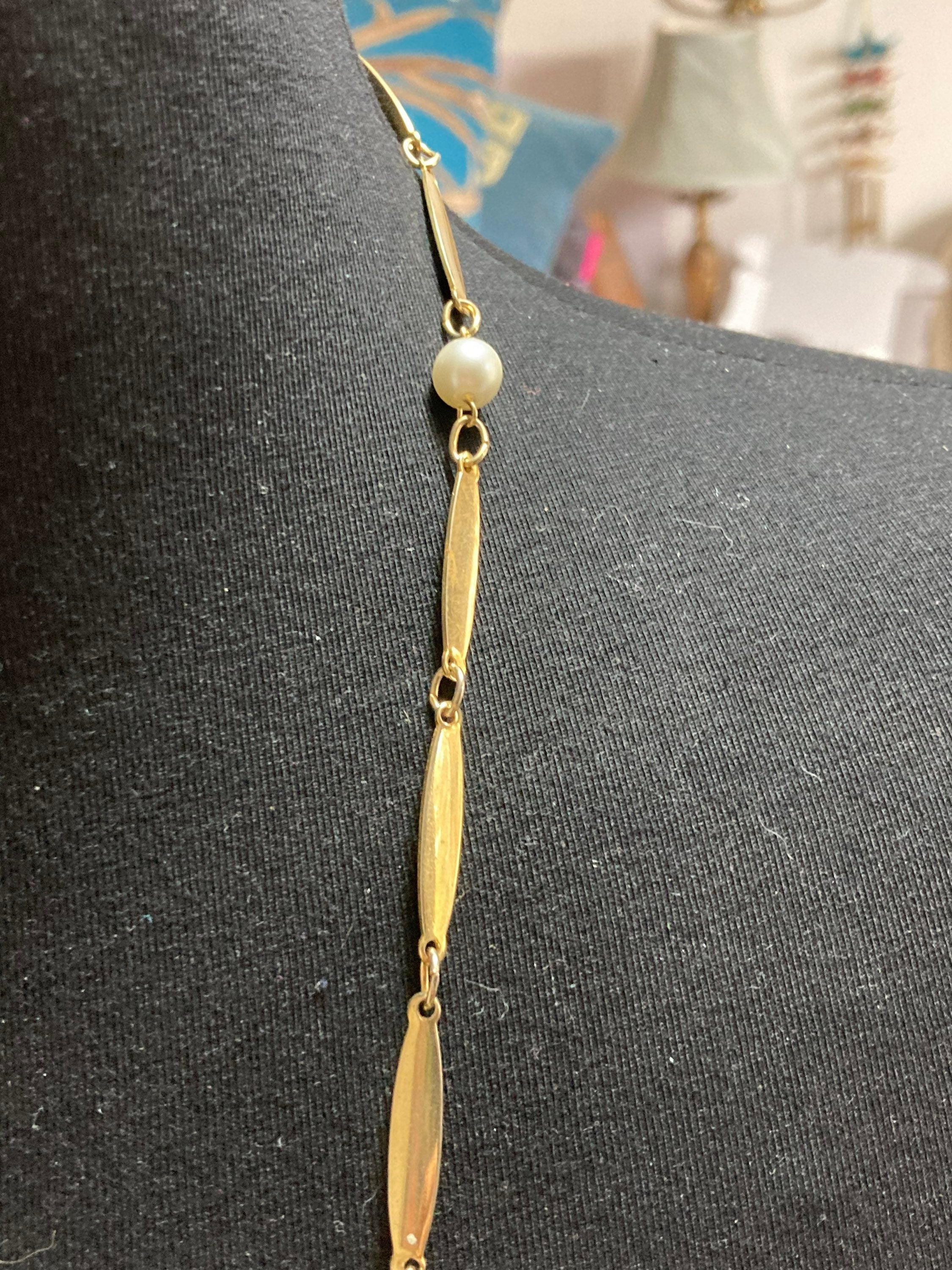 Vintage faux Pearl gold tone station link Necklace