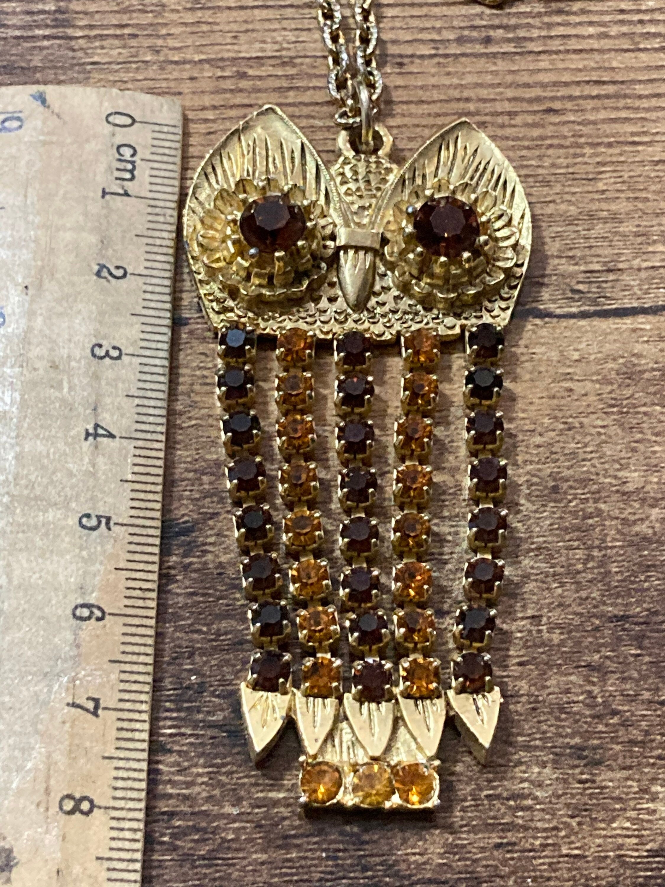 Owl necklace orange & brown cognac glass diamanté rhinestone drop pendant chain gold tone