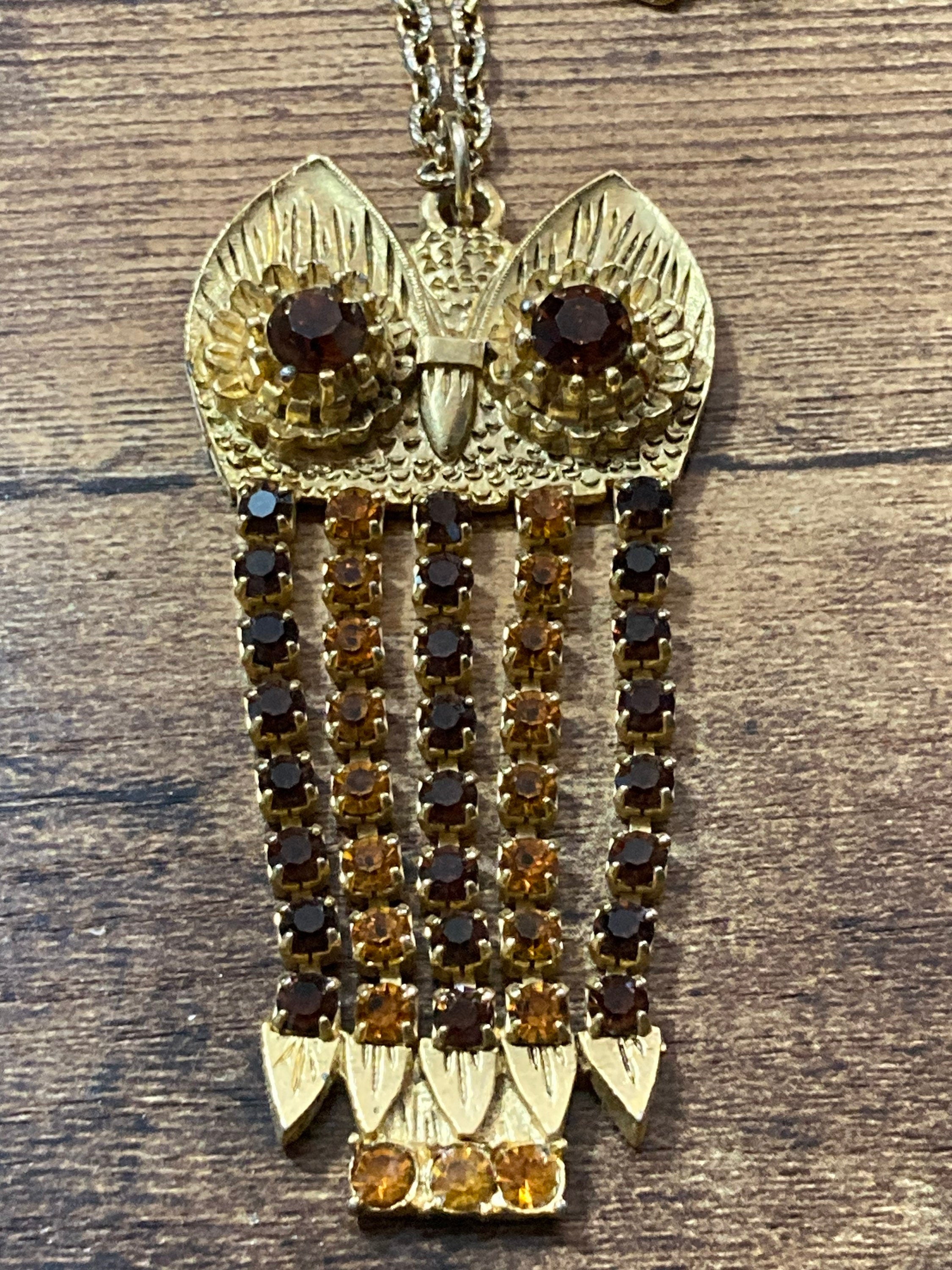 Owl necklace orange & brown cognac glass diamanté rhinestone drop pendant chain gold tone