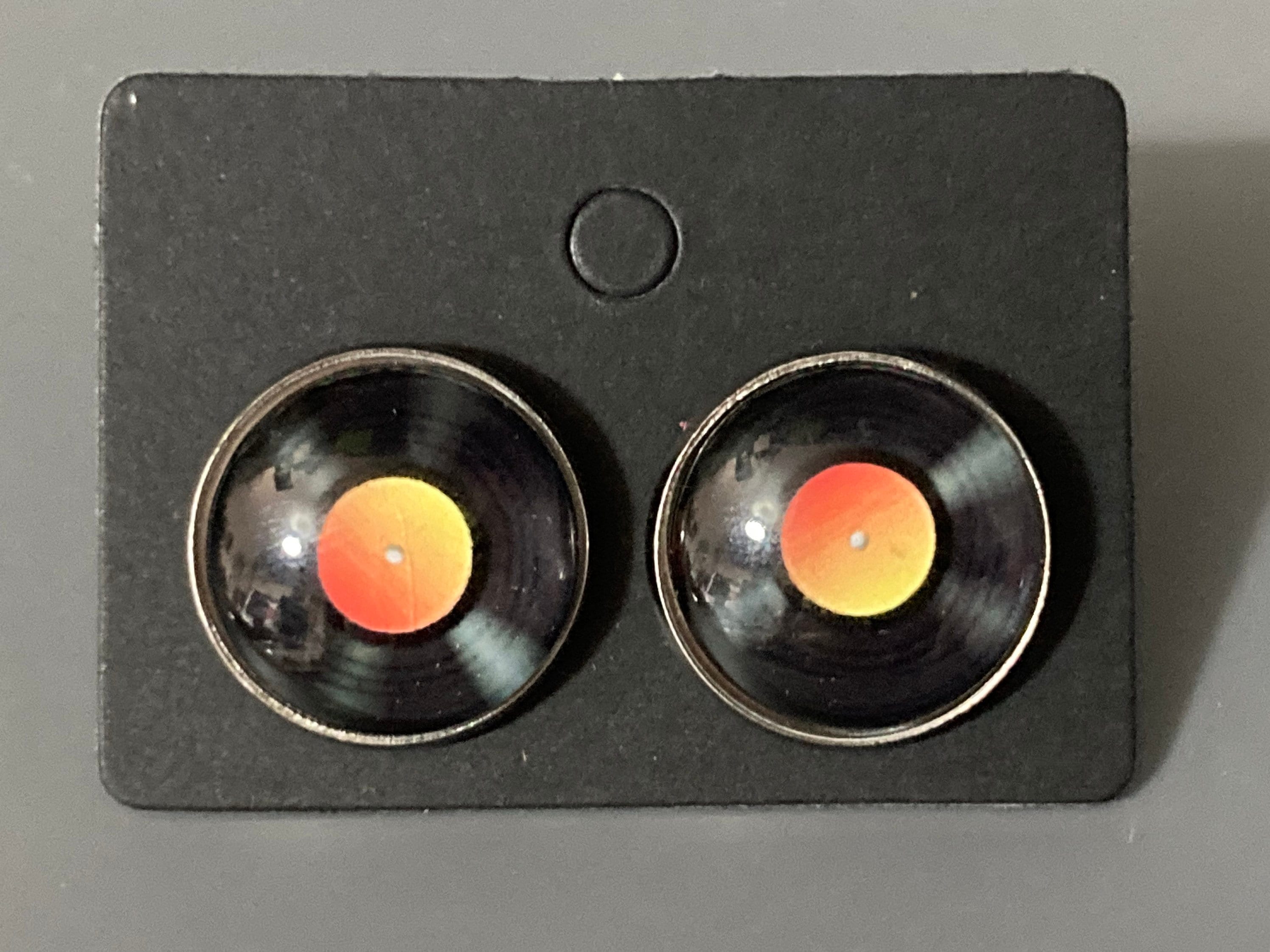 Vinyl record stud earrings 16mm Retro style Black orange gift for DJ silver tone stainless steel