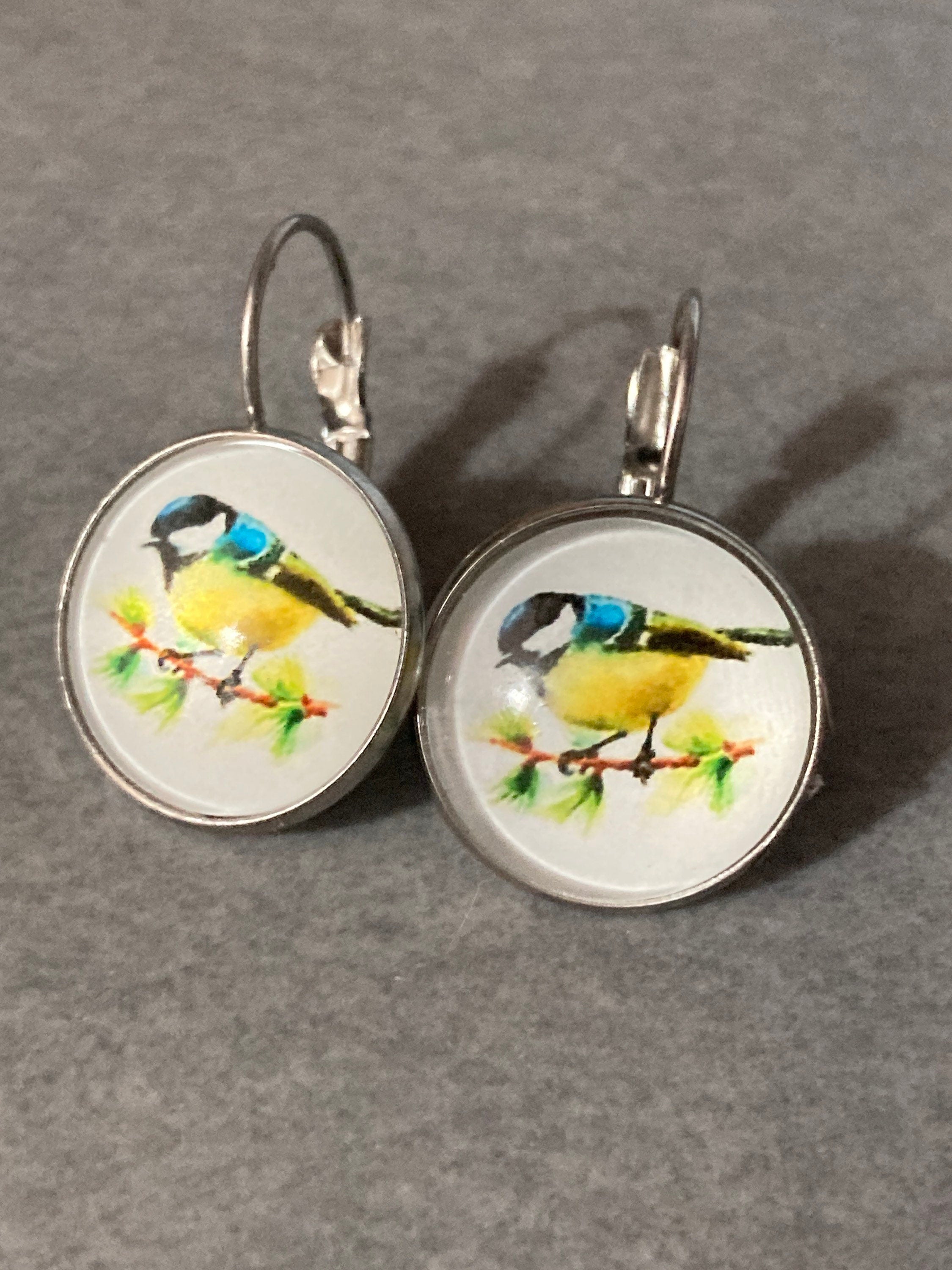 16mm Blue tit earrings glass cabochon Stainless steel garden birds drop earrings