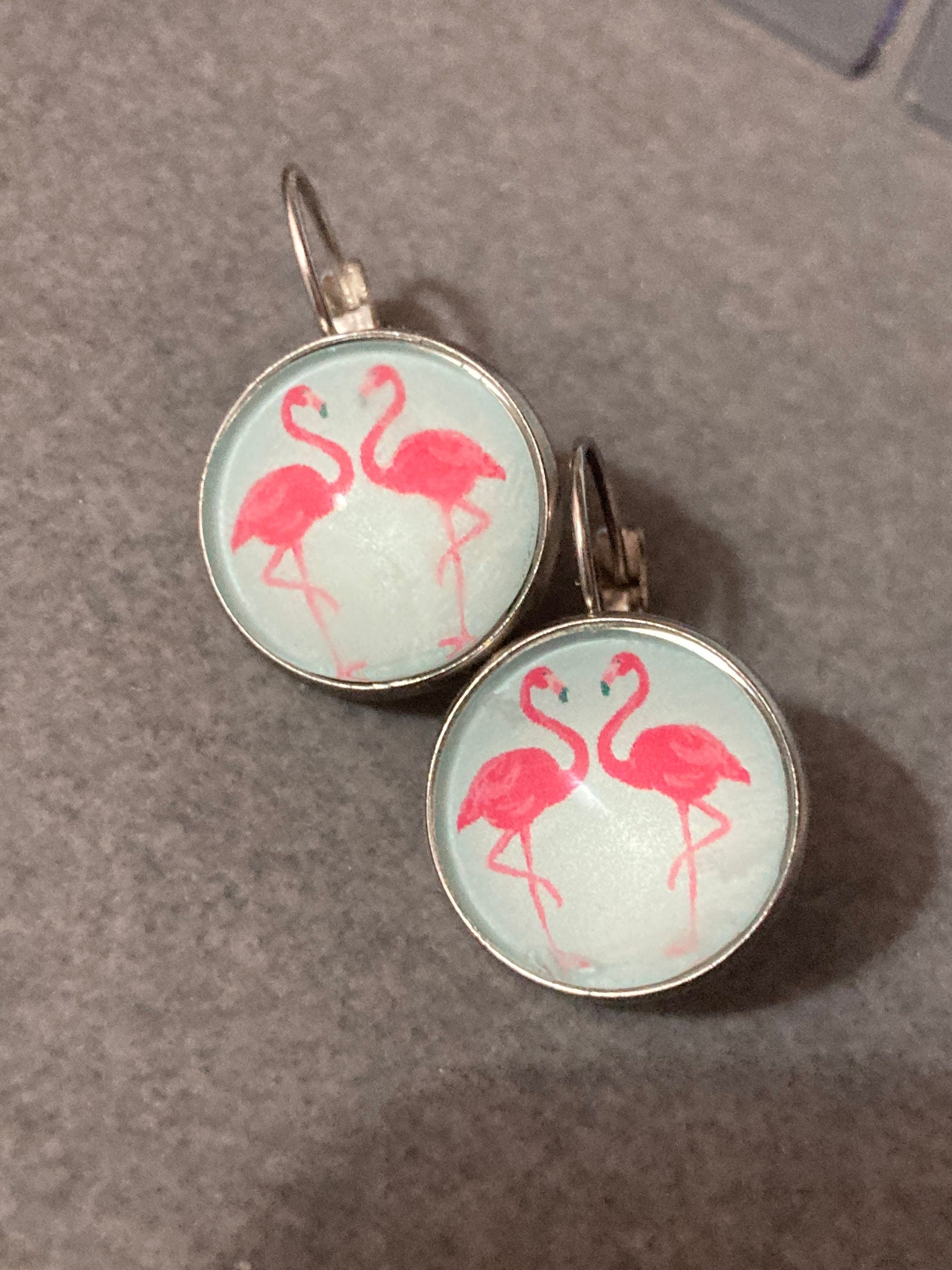 flamingo dangly earrings handmade stainless steel and glass cabochon