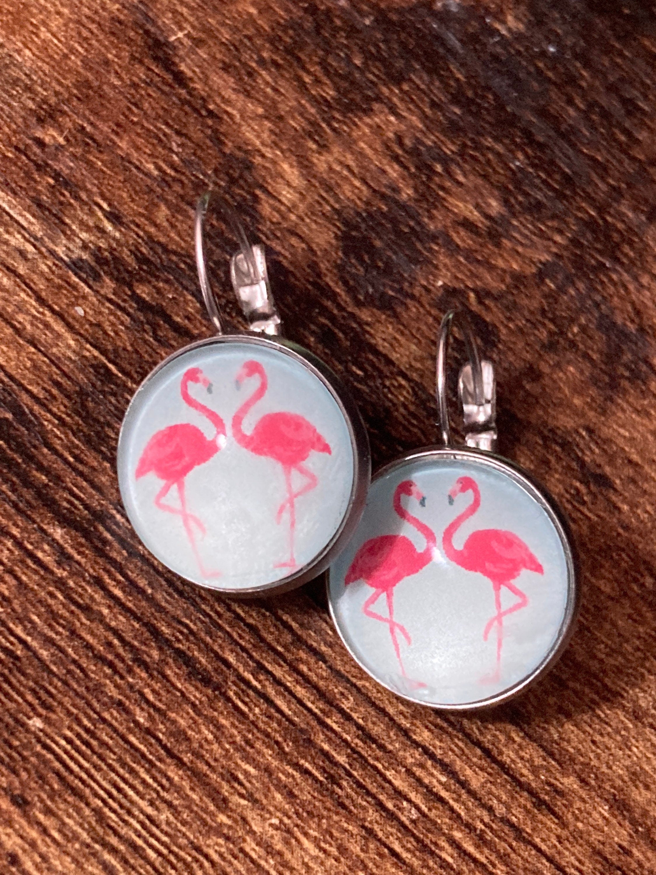 flamingo dangly earrings handmade stainless steel and glass cabochon