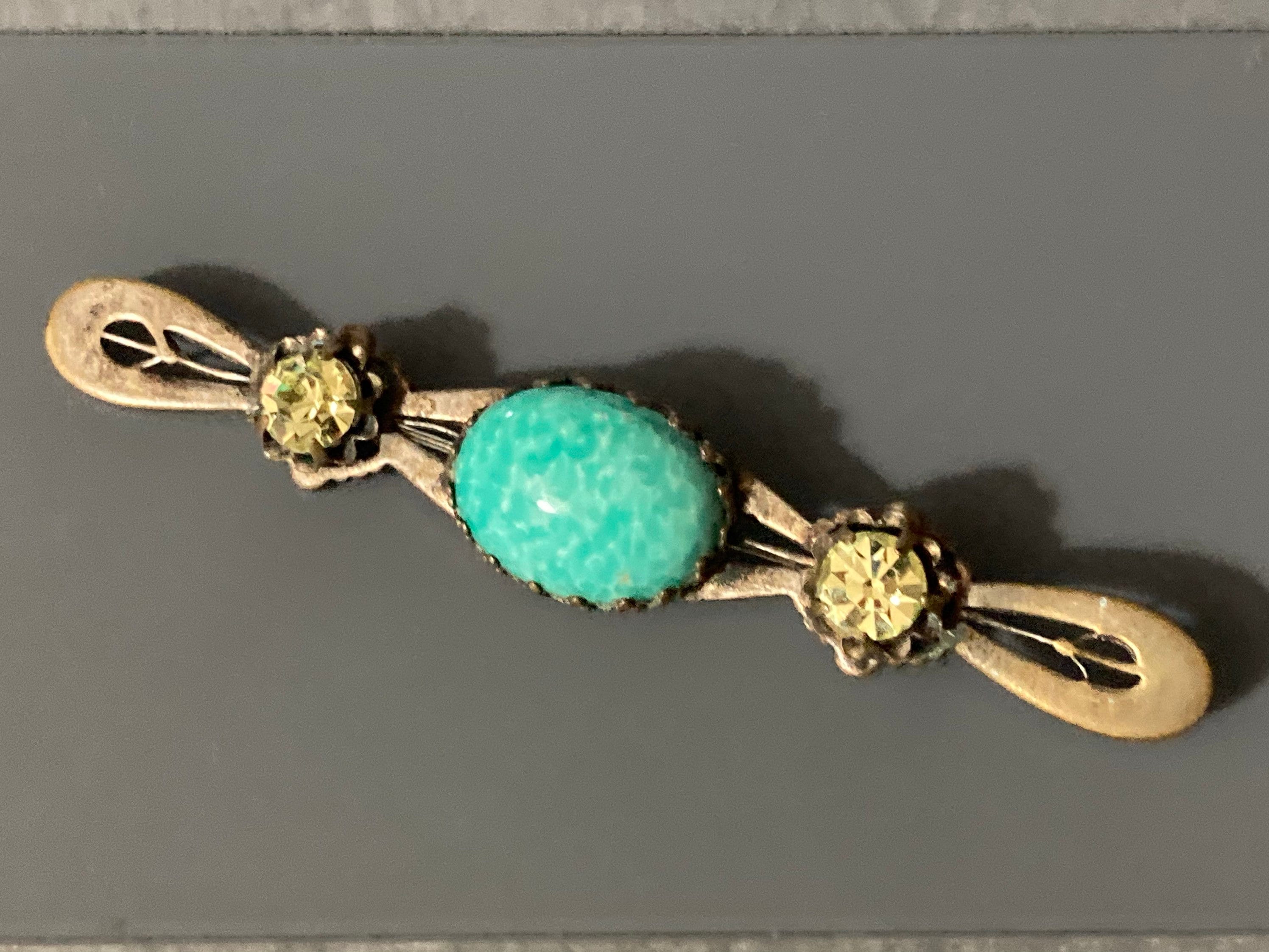 Long 9cm Czech brass bar Brooch with Peking Glass and topaz diamanté 9cm