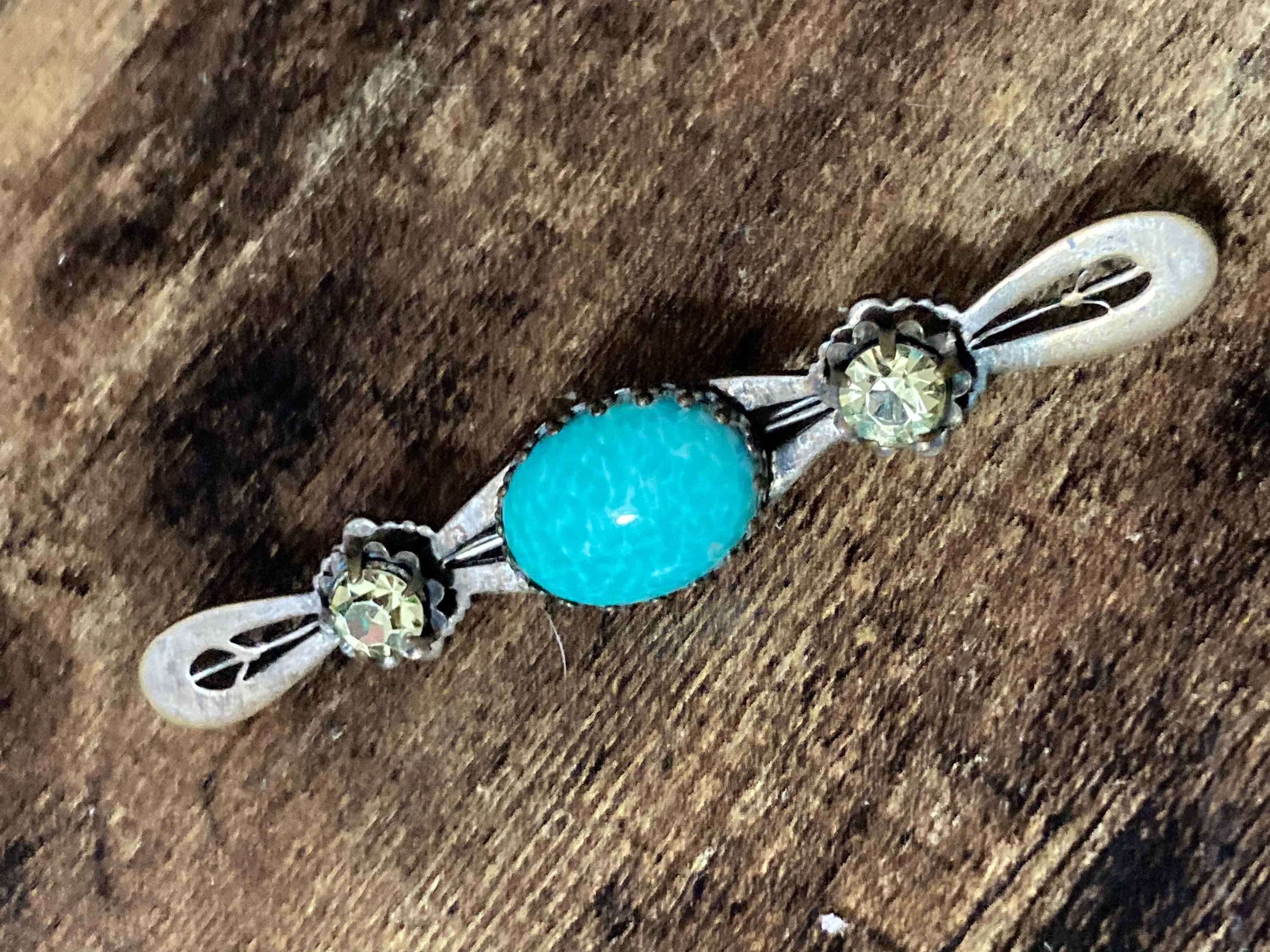 Long 9cm Czech brass bar Brooch with Peking Glass and topaz diamanté 9cm