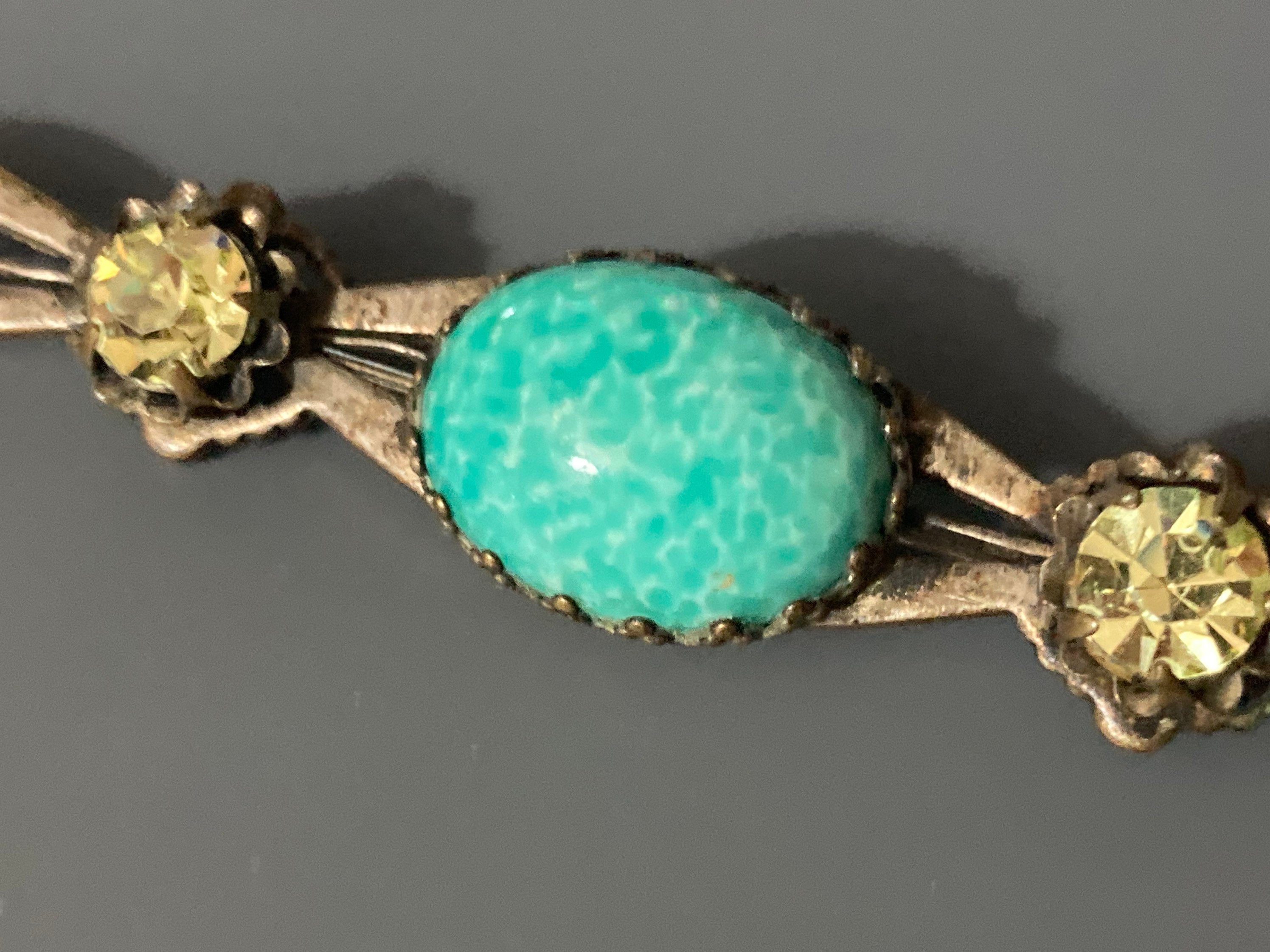 Long 9cm Czech brass bar Brooch with Peking Glass and topaz diamanté 9cm