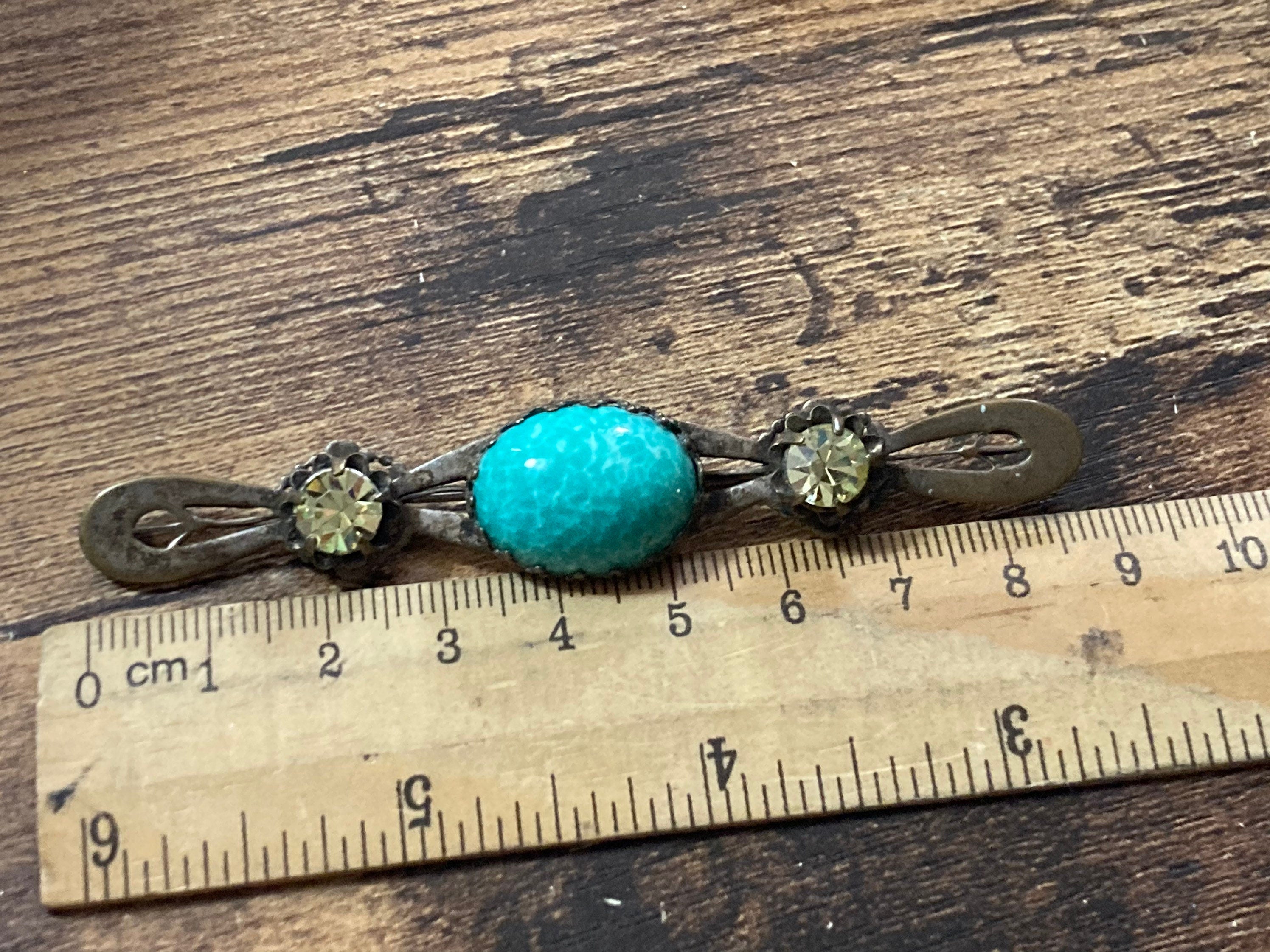 Long 9cm Czech brass bar Brooch with Peking Glass and topaz diamanté 9cm