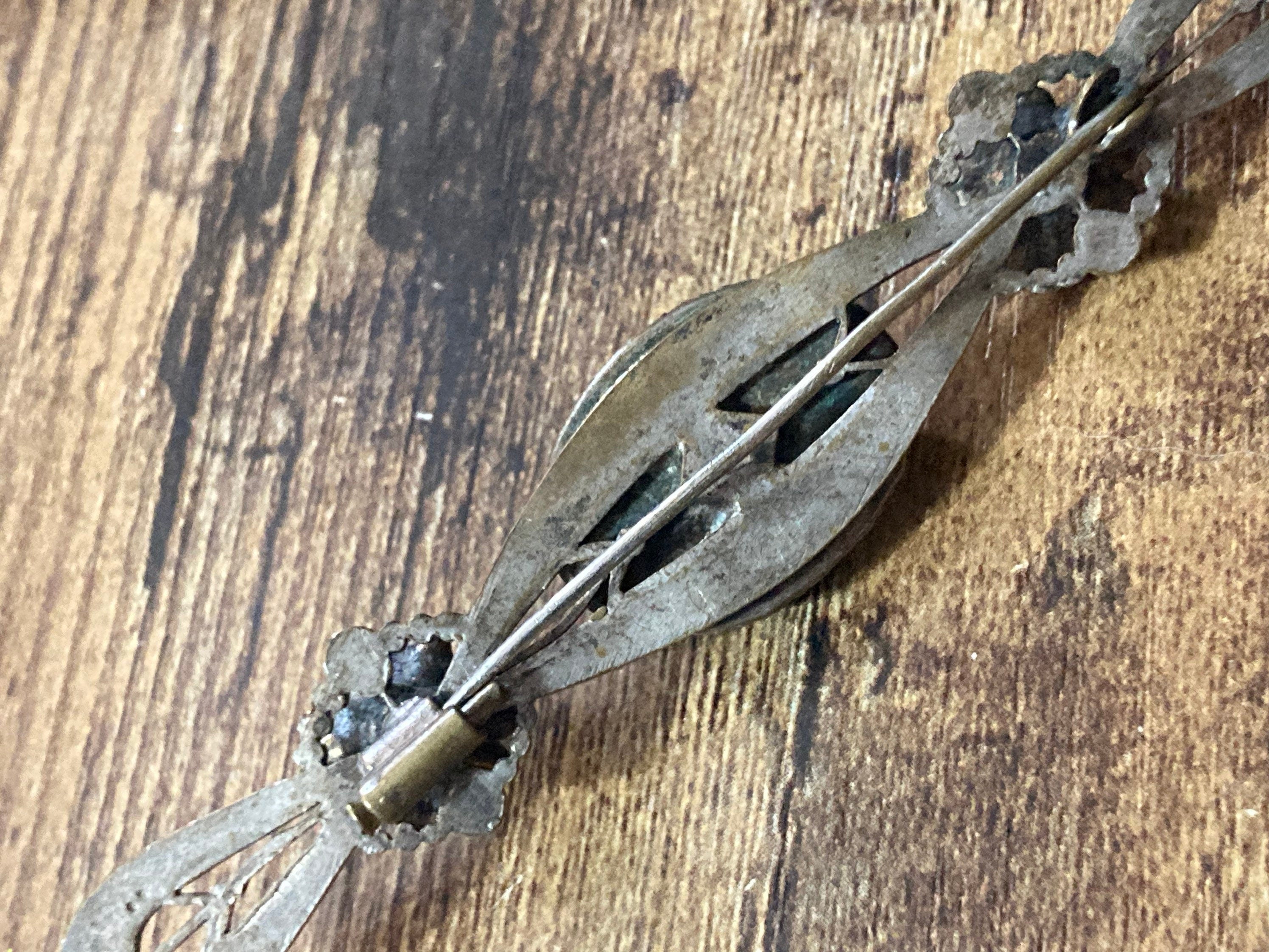 Long 9cm Czech brass bar Brooch with Peking Glass and topaz diamanté 9cm