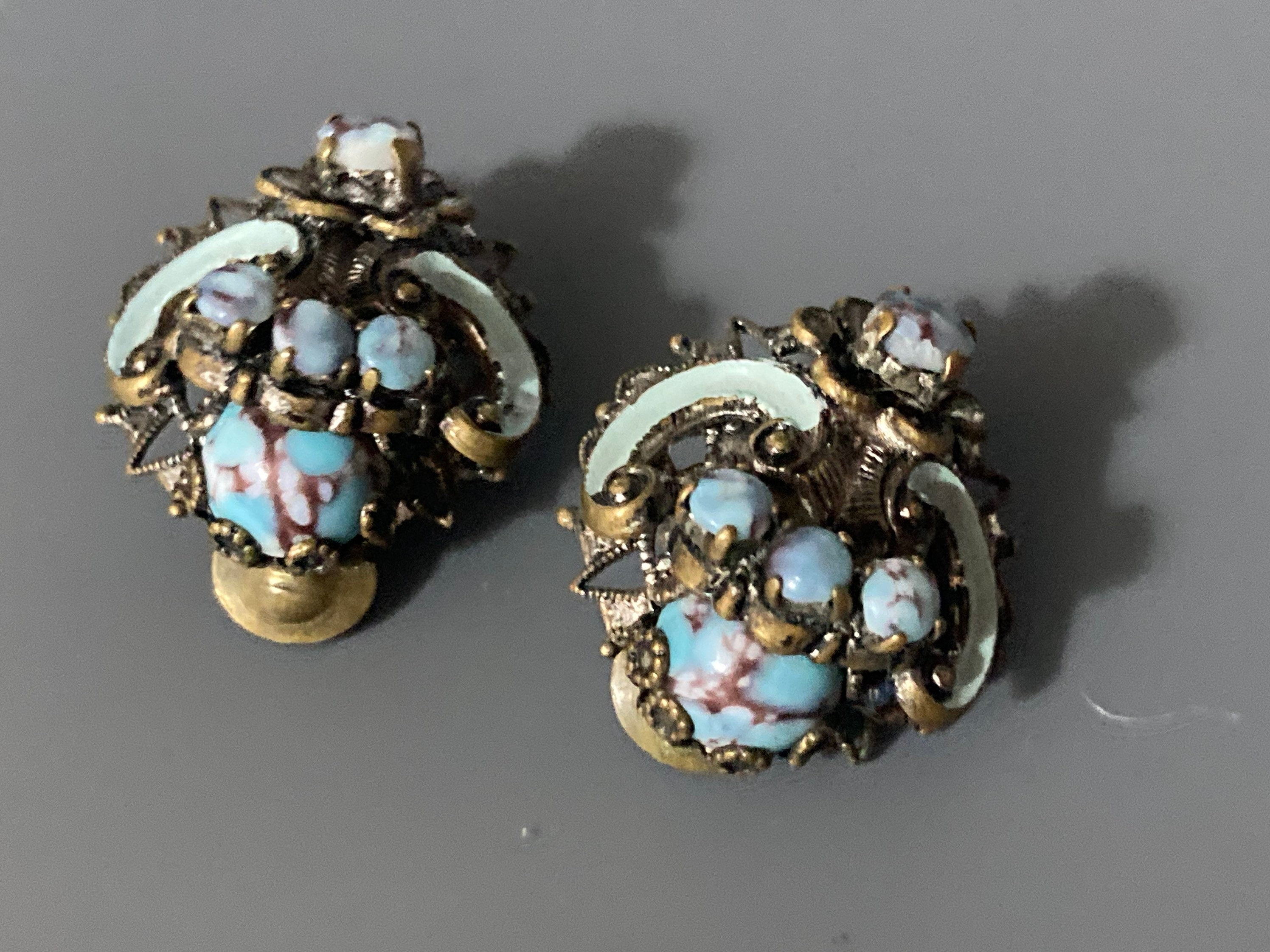 Vintage Czech brass Turquoise glass cabochon clip on earrings