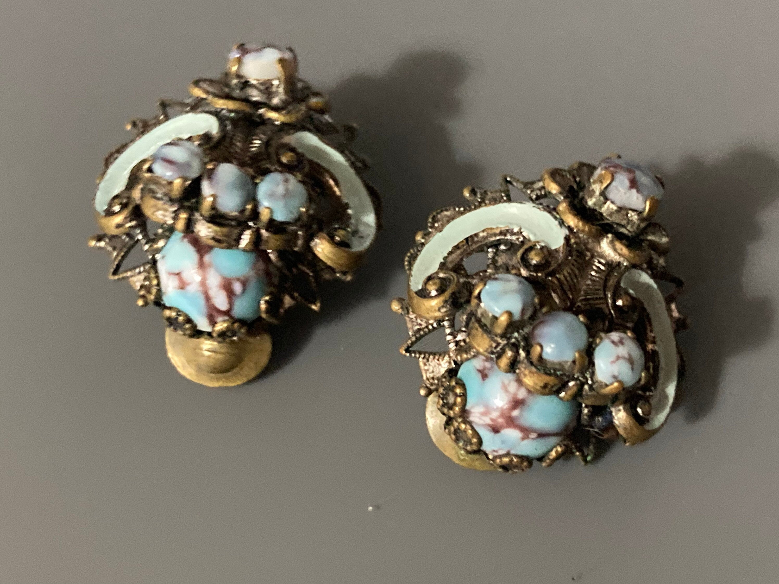 Vintage Czech brass Turquoise glass cabochon clip on earrings