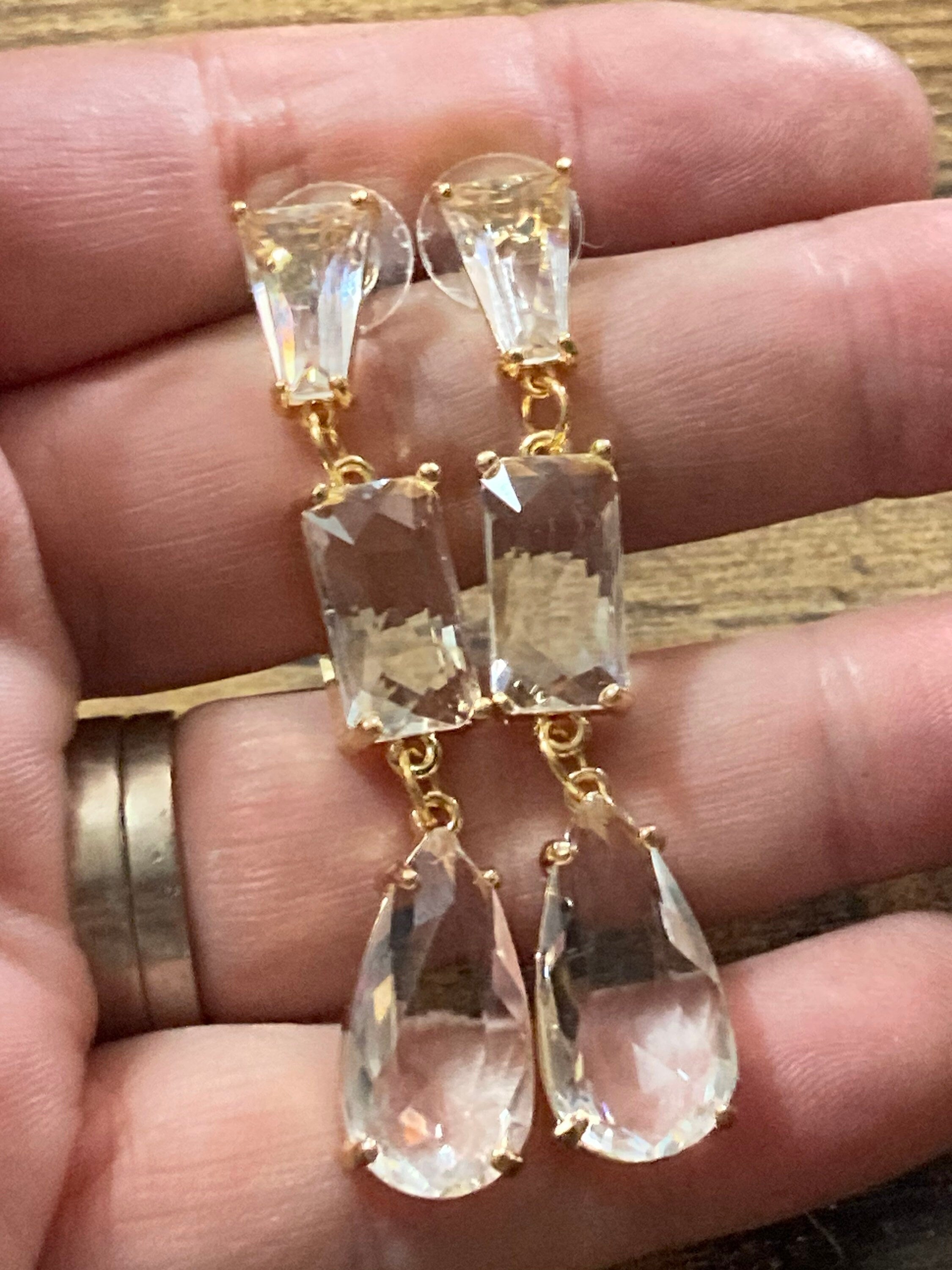 18k Gold plated crystal glass clear diamanté rhinestone teardrop earrings
