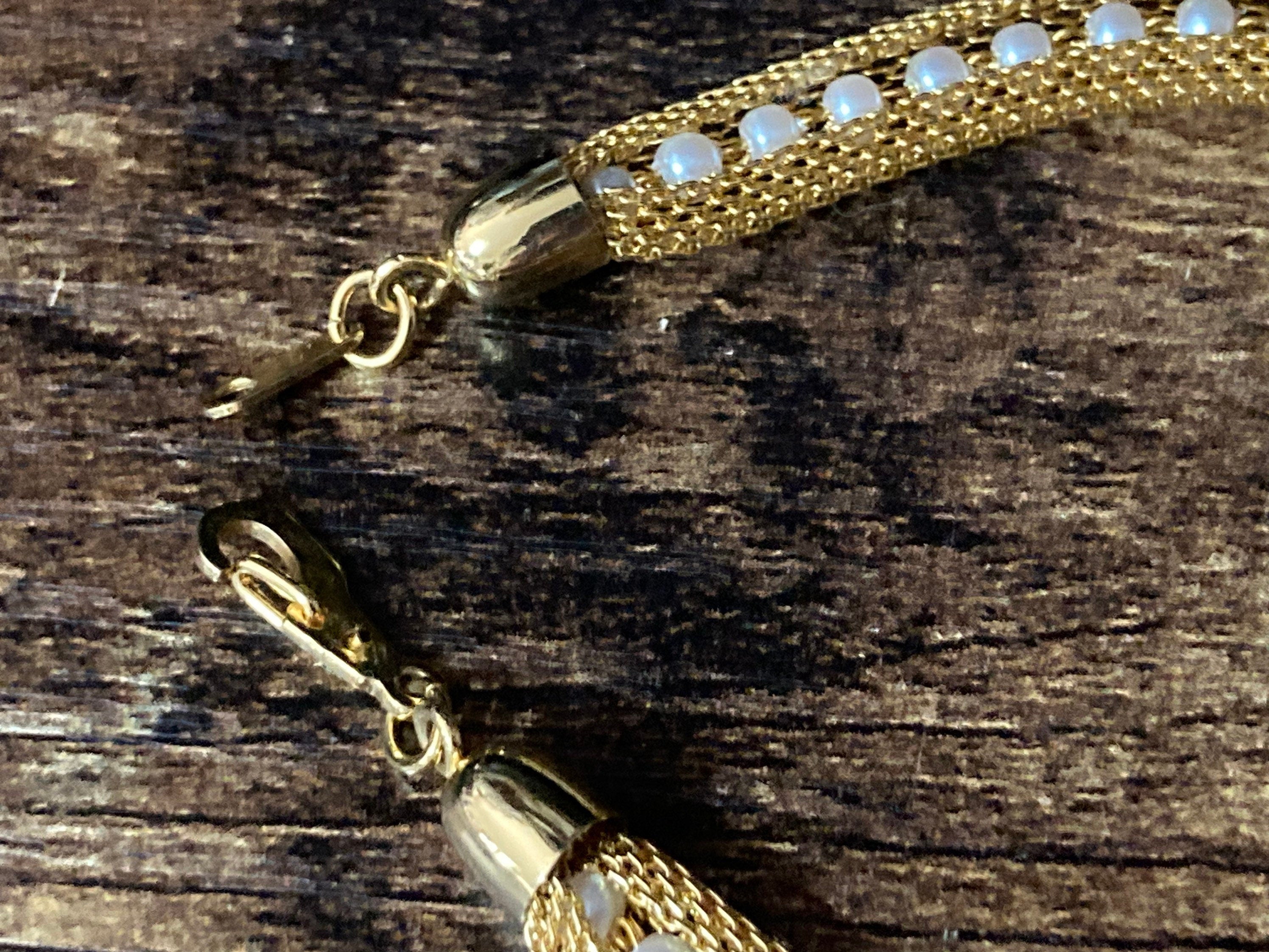 gold tone mesh cuff bracelet with faux pearl