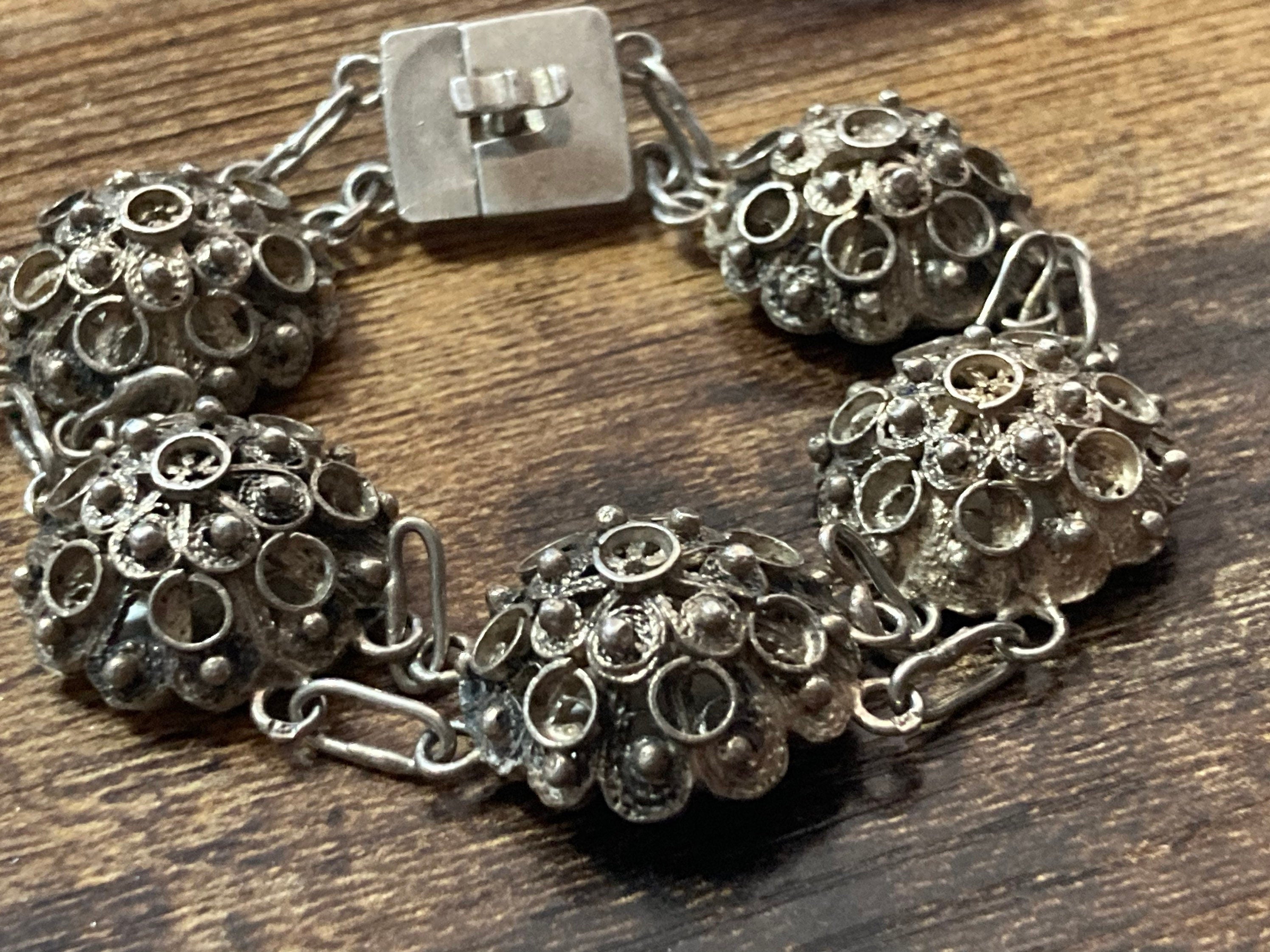 Continental Silver Etruscan filigree domed panel link bracelet