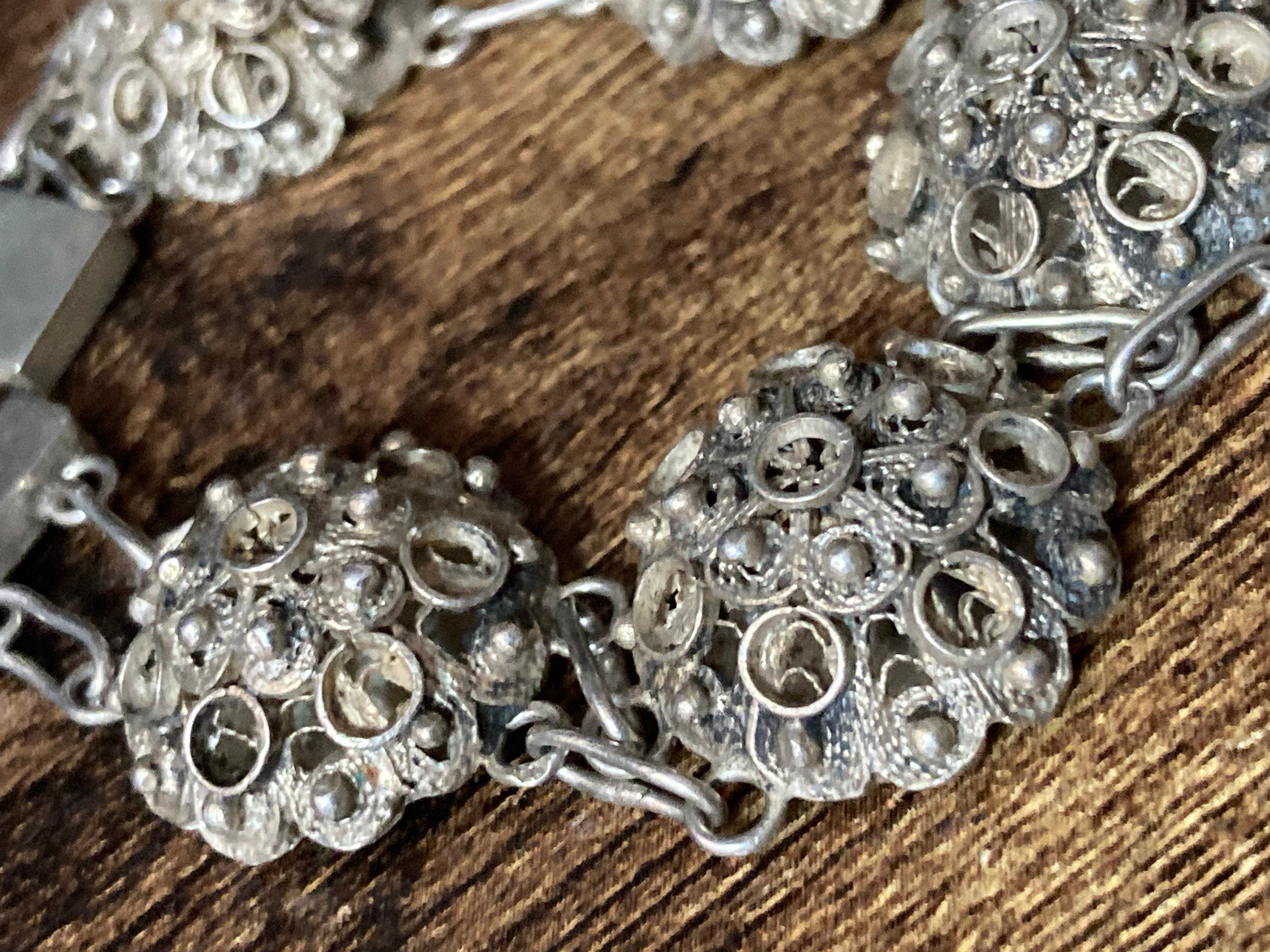 Continental Silver Etruscan filigree domed panel link bracelet