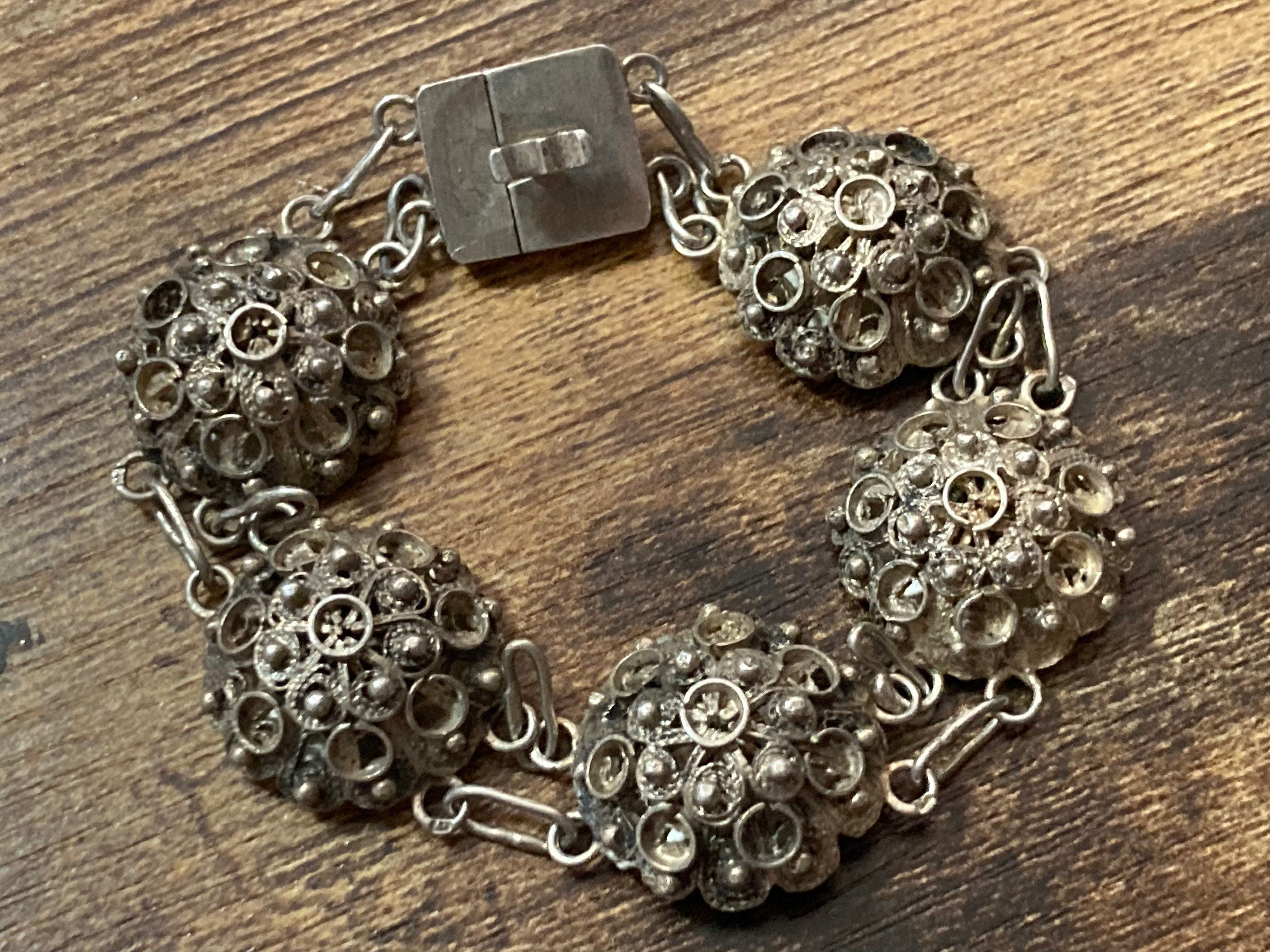 Continental Silver Etruscan filigree domed panel link bracelet