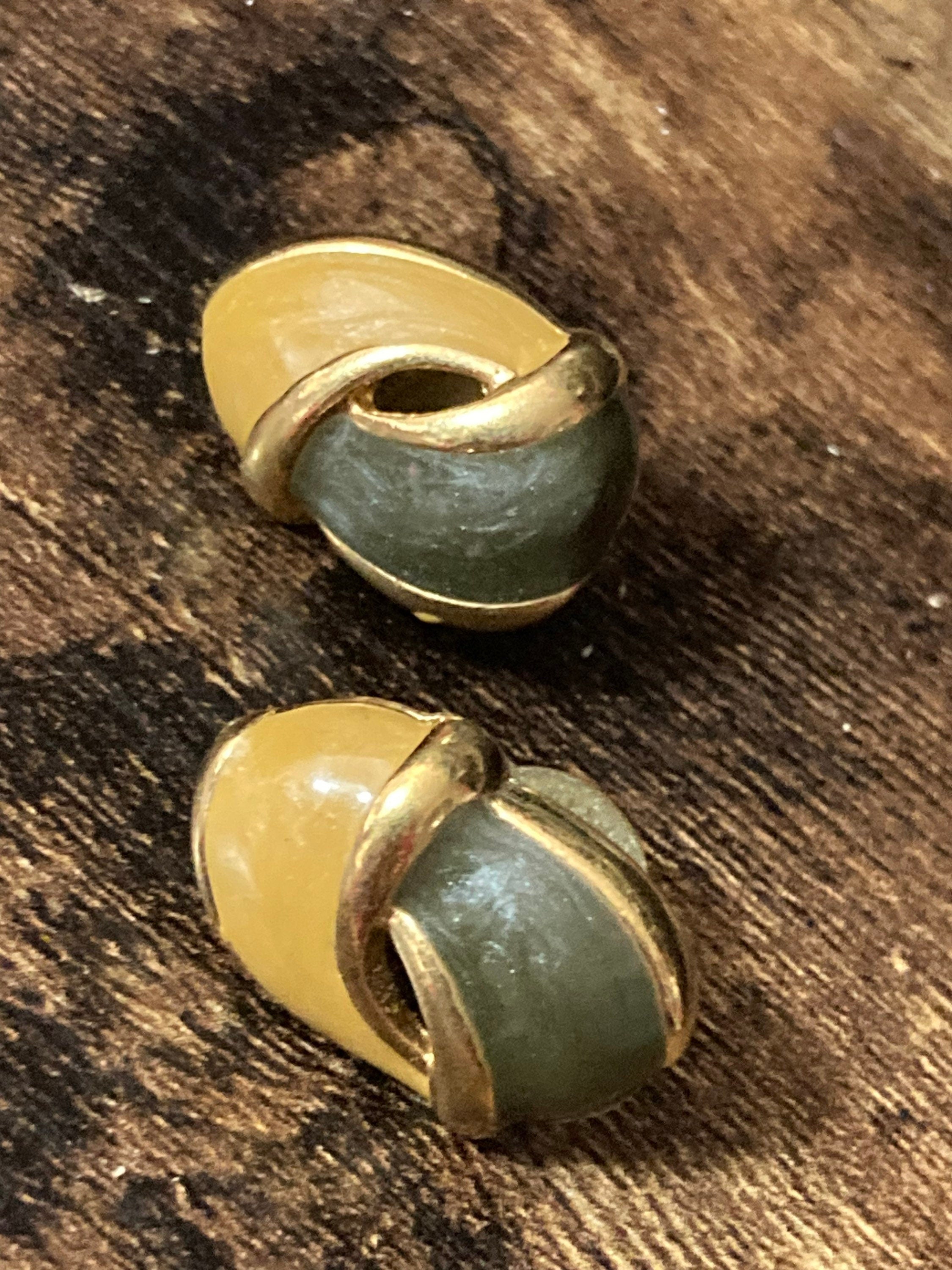Vintage gold tone olive green enamel beige cream Oval pair stud earrings