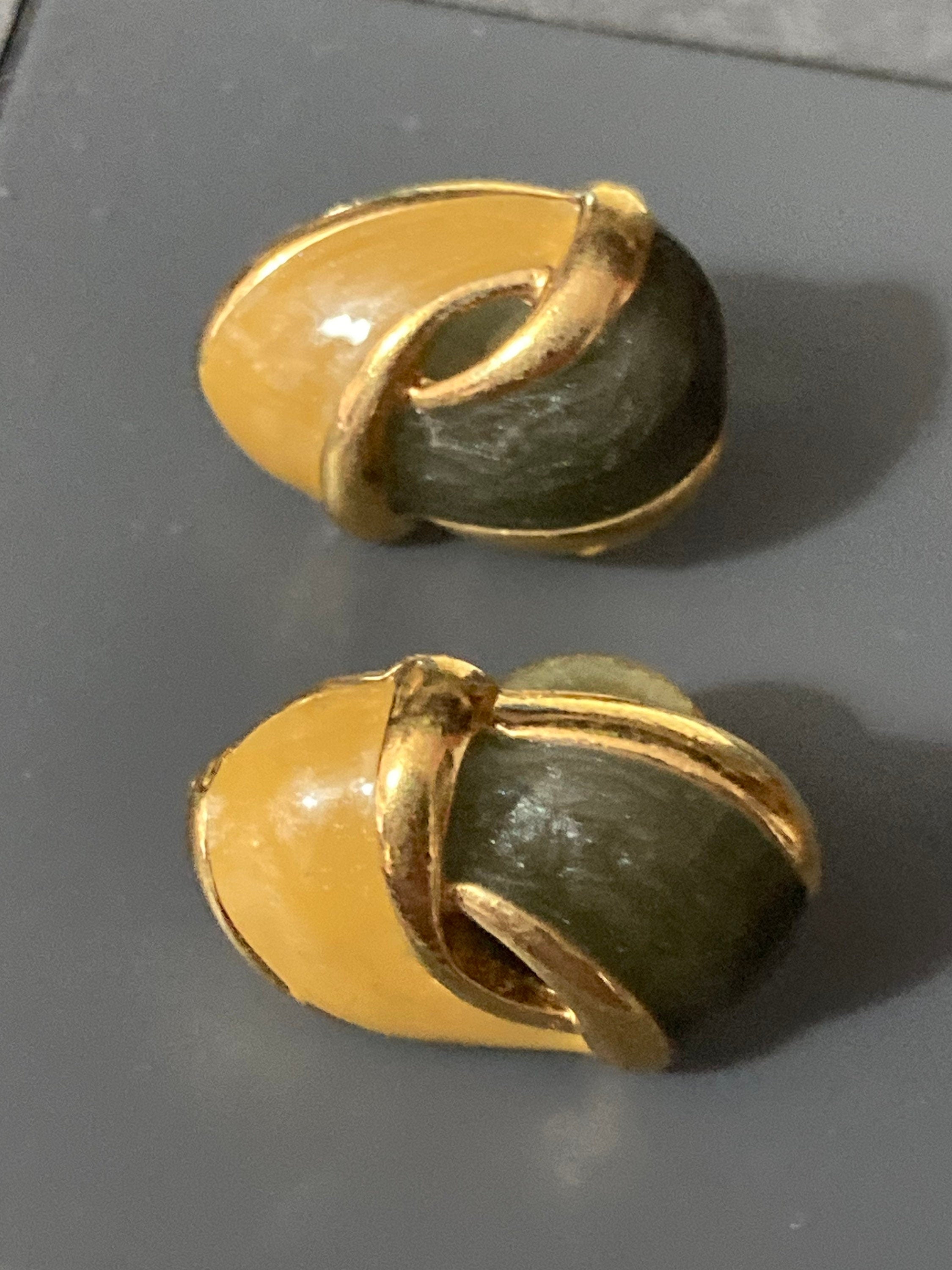 Vintage gold tone olive green enamel beige cream Oval pair stud earrings