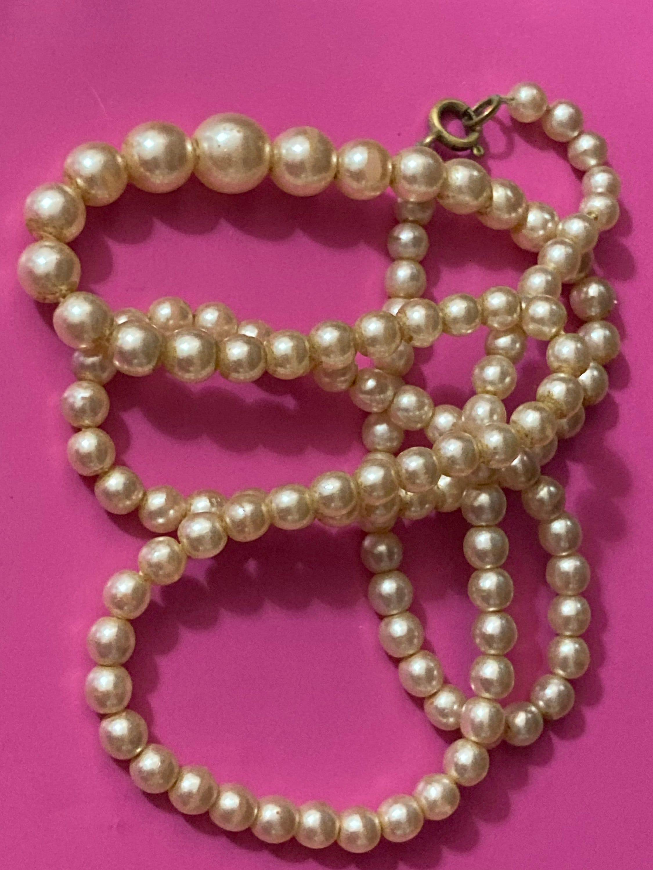 Graduated cream glass faux individually knotted pearl necklace medium length 64cm