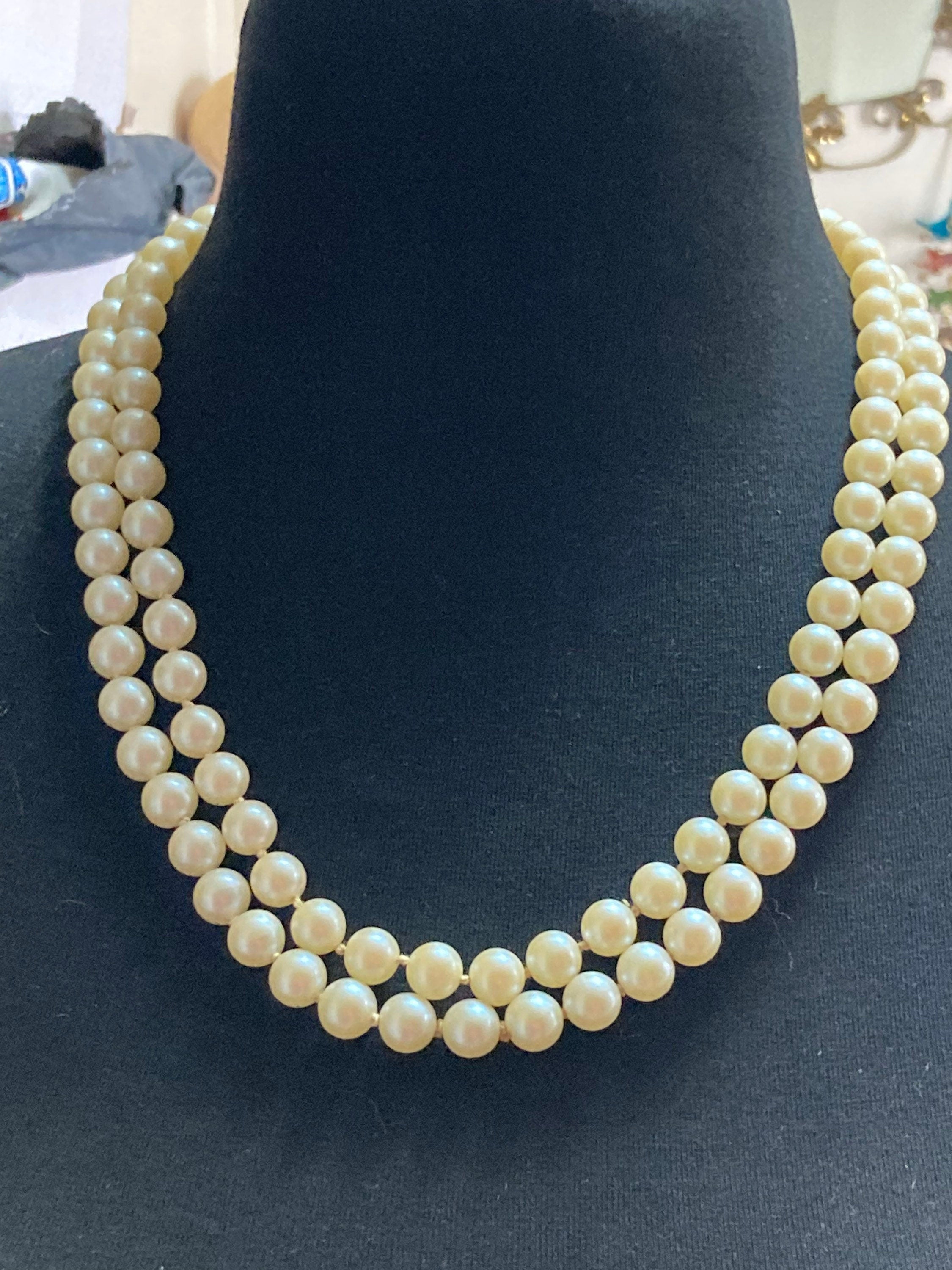 Chunky vintage 2 row cream glass knotted pearl necklace medium length 60cm