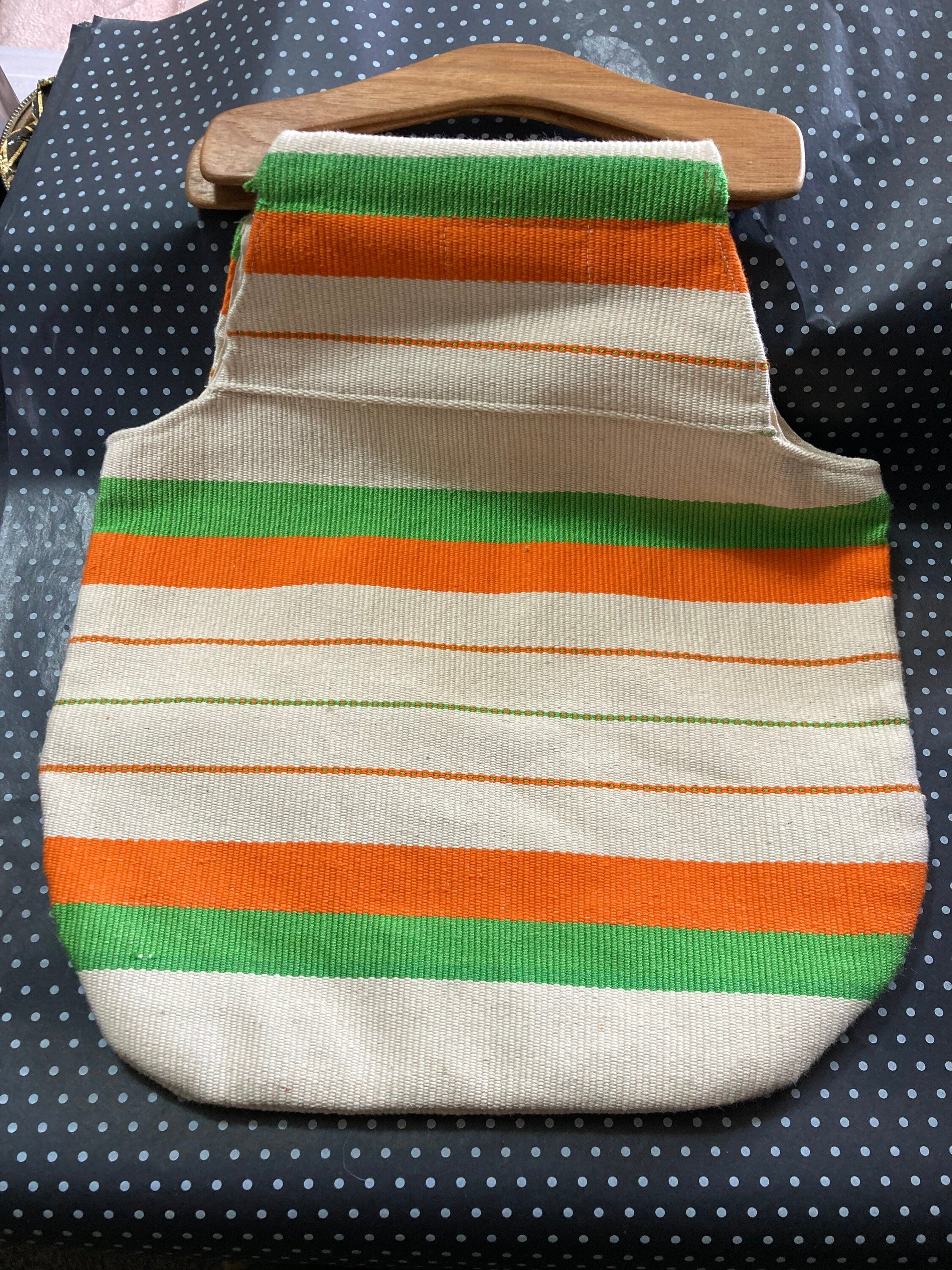 Vintage summer handbag with wooden handles orange green beige