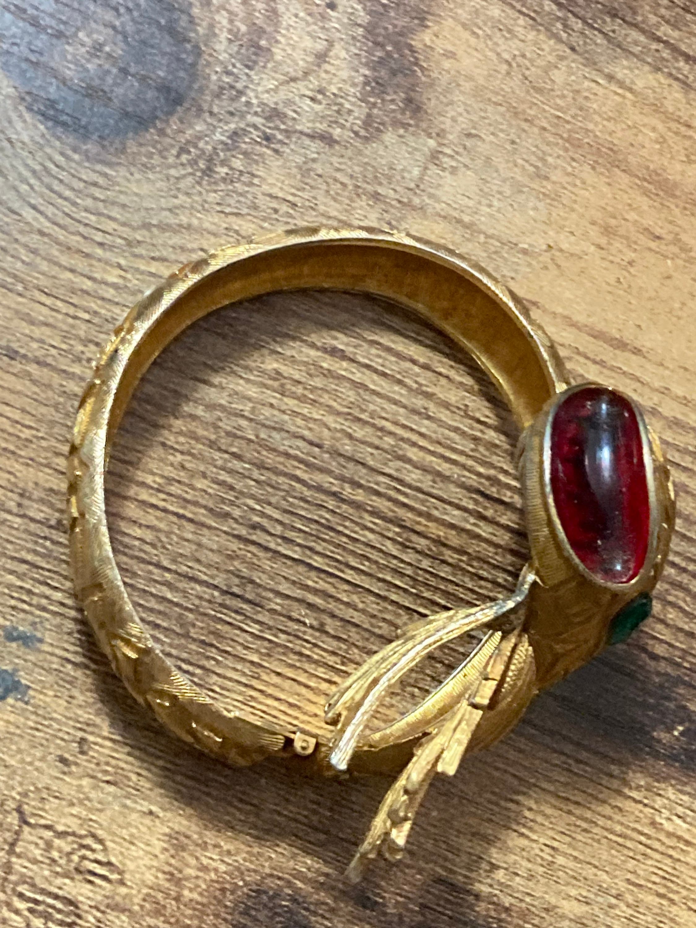 gold Chinese serpent snake clamper bangle bracelet with red enamel and emerald rhinestones mid century