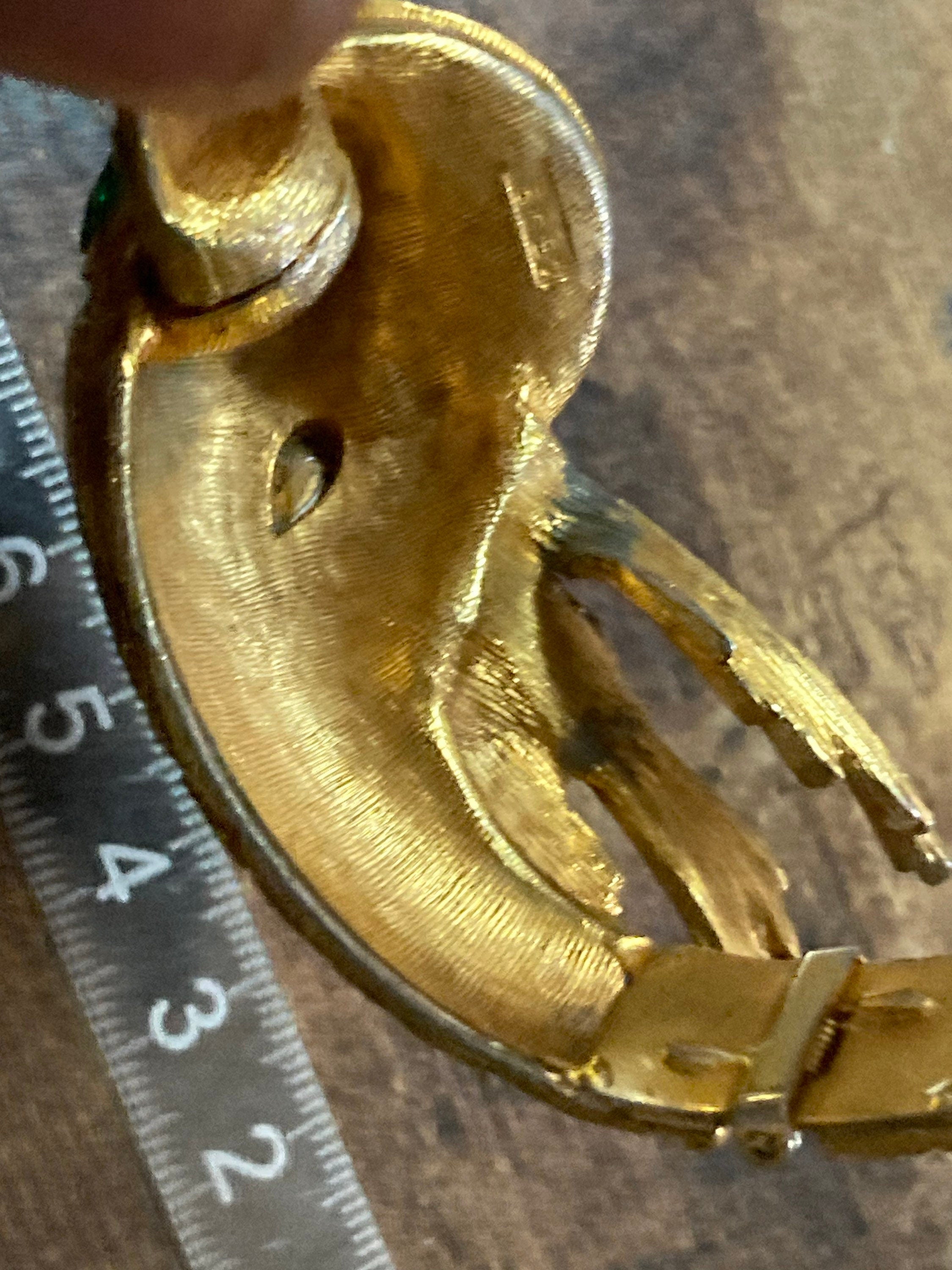 gold Chinese serpent snake clamper bangle bracelet with red enamel and emerald rhinestones mid century