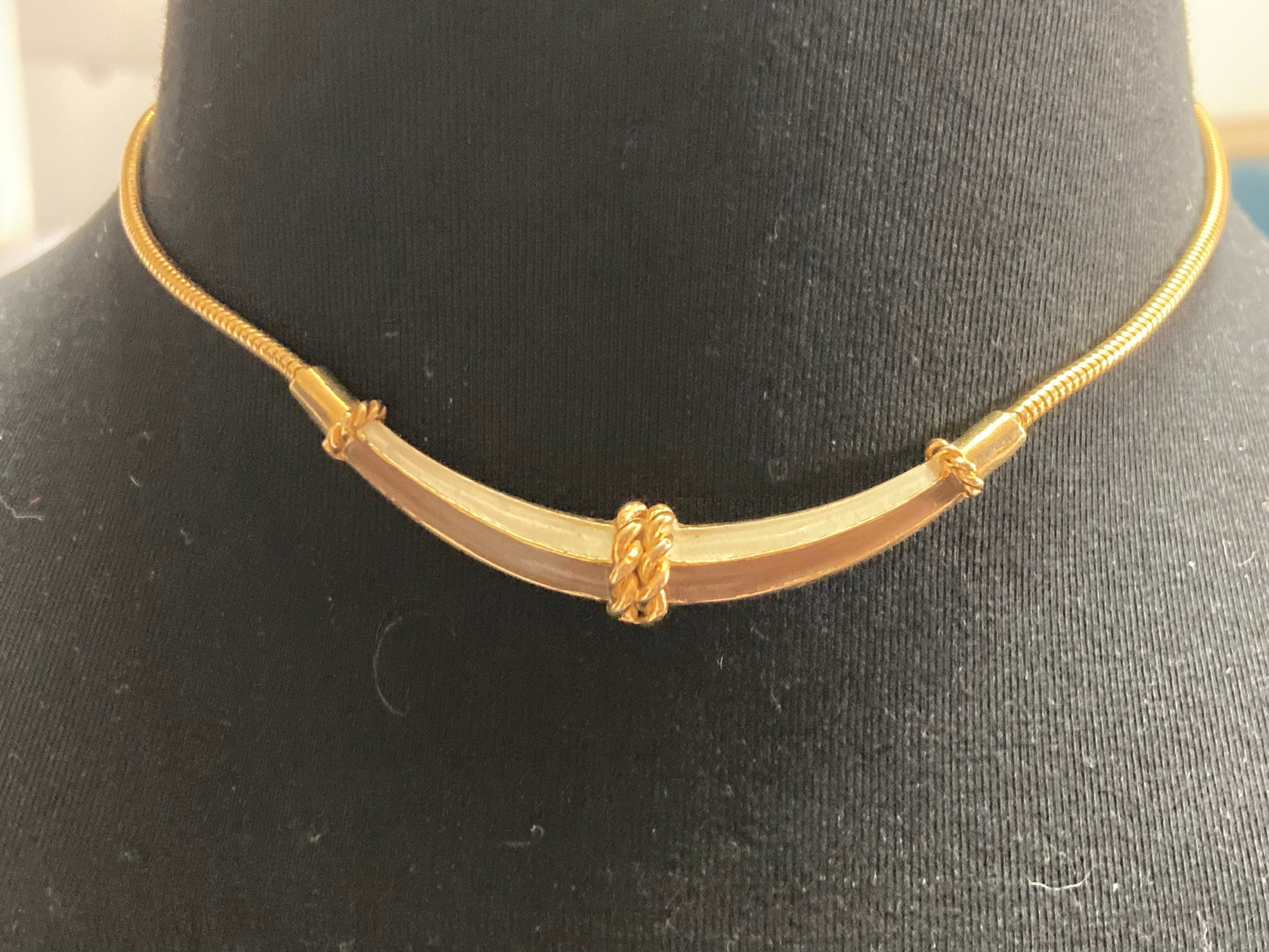 Gold tone brown cream enamel necklace 41cm
