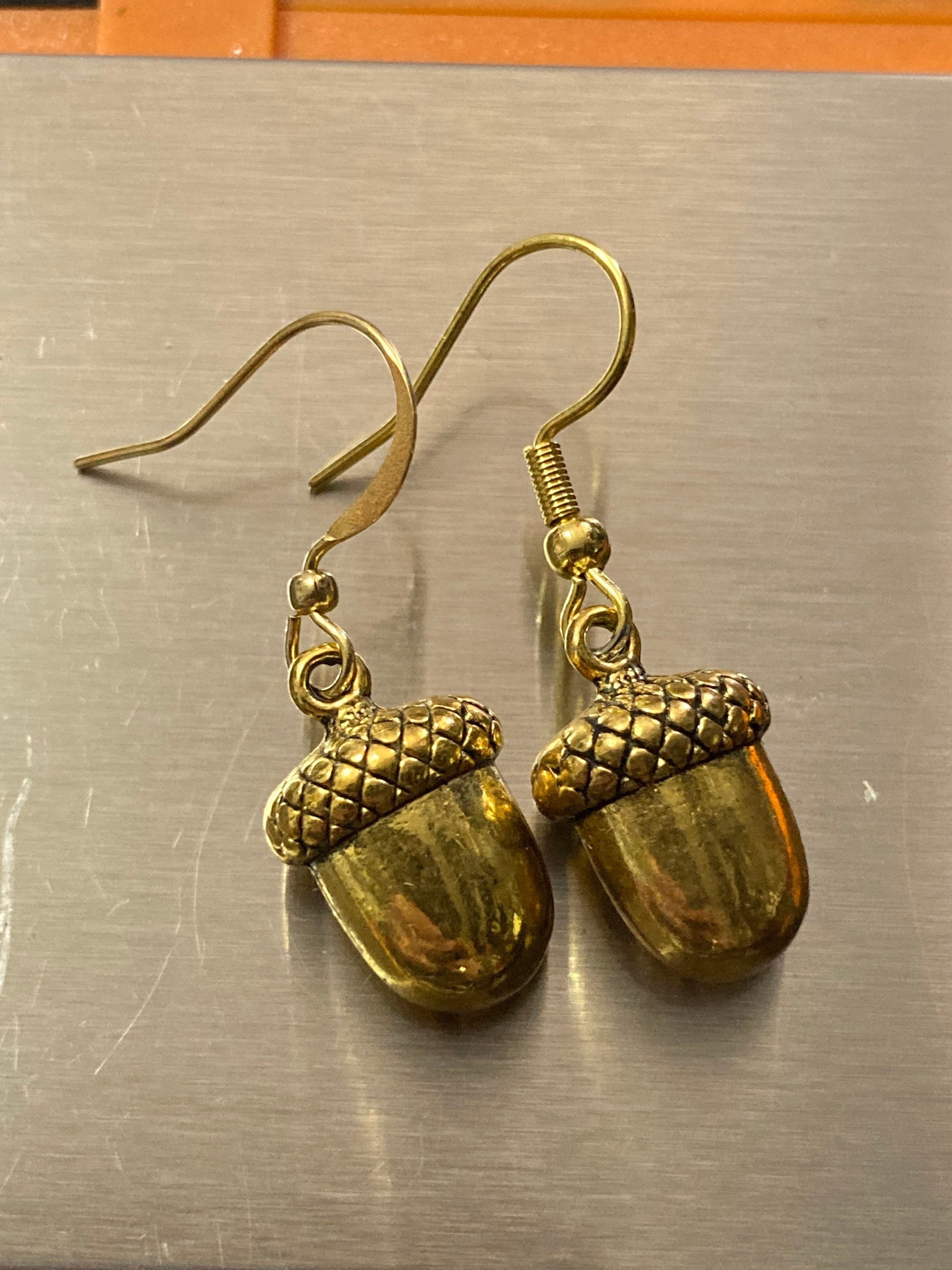 Gold acorn drop earrings brass Victorian style