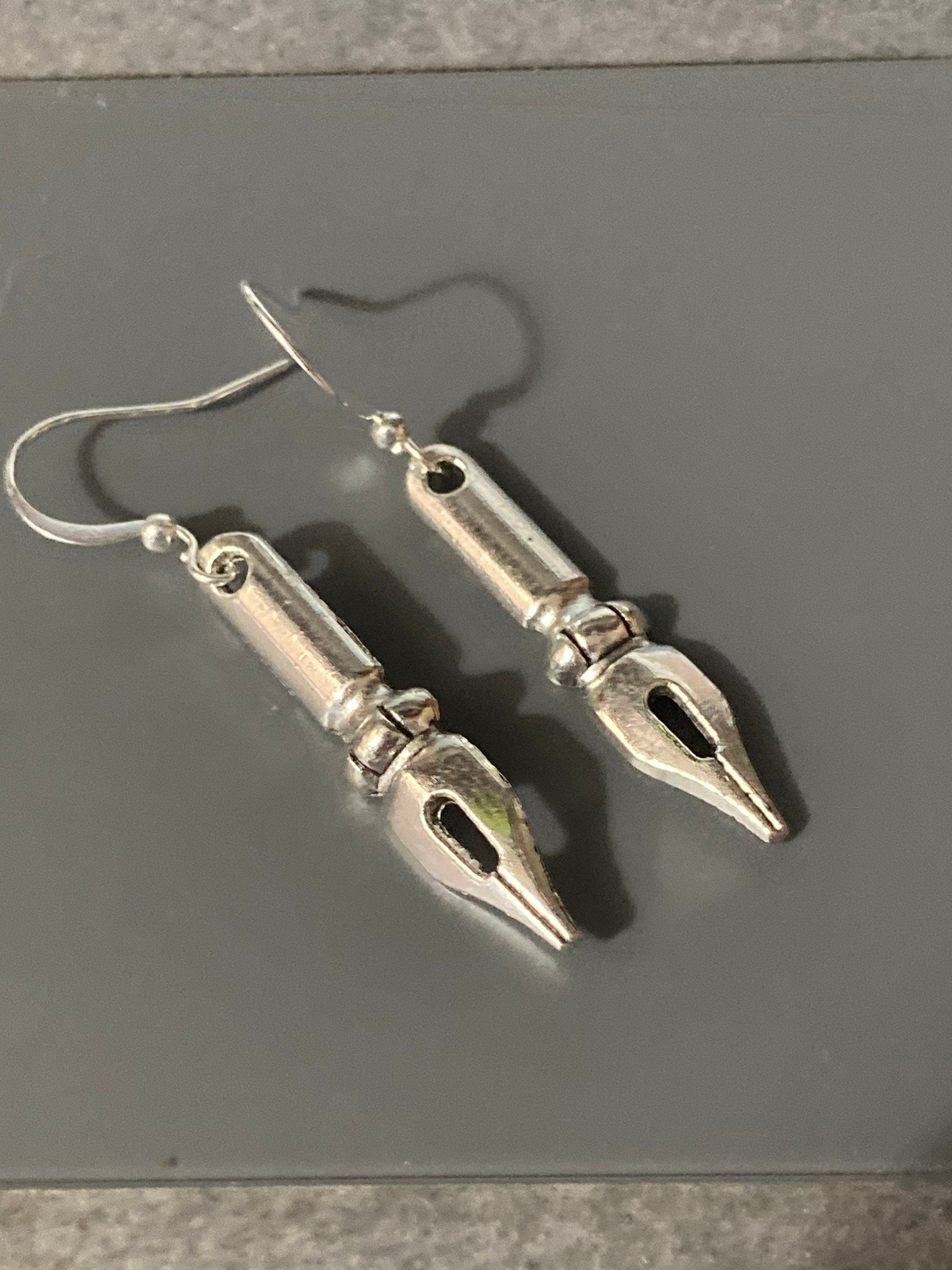 Novelty fountain pen nib drop earrings for writer silver tone