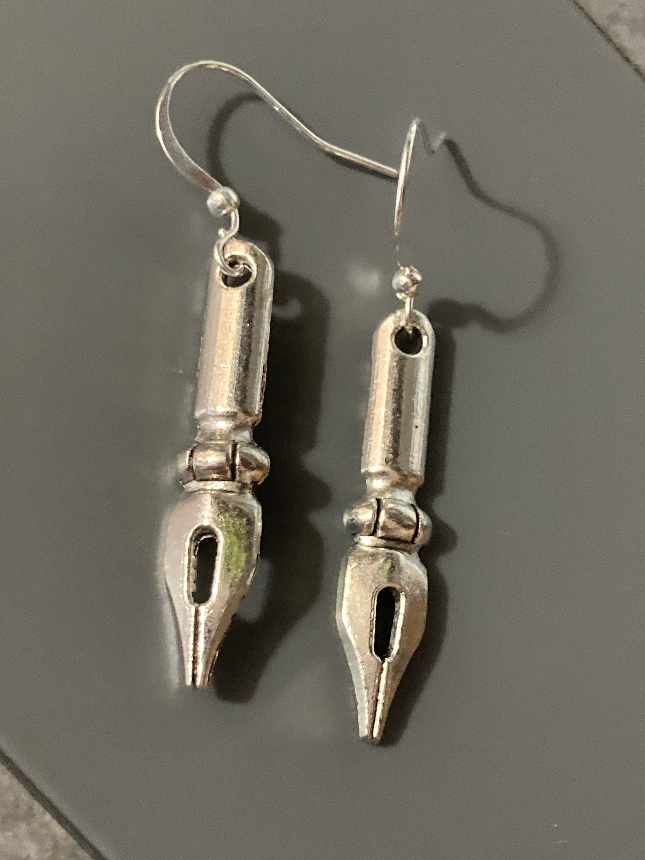 Novelty fountain pen nib drop earrings for writer silver tone