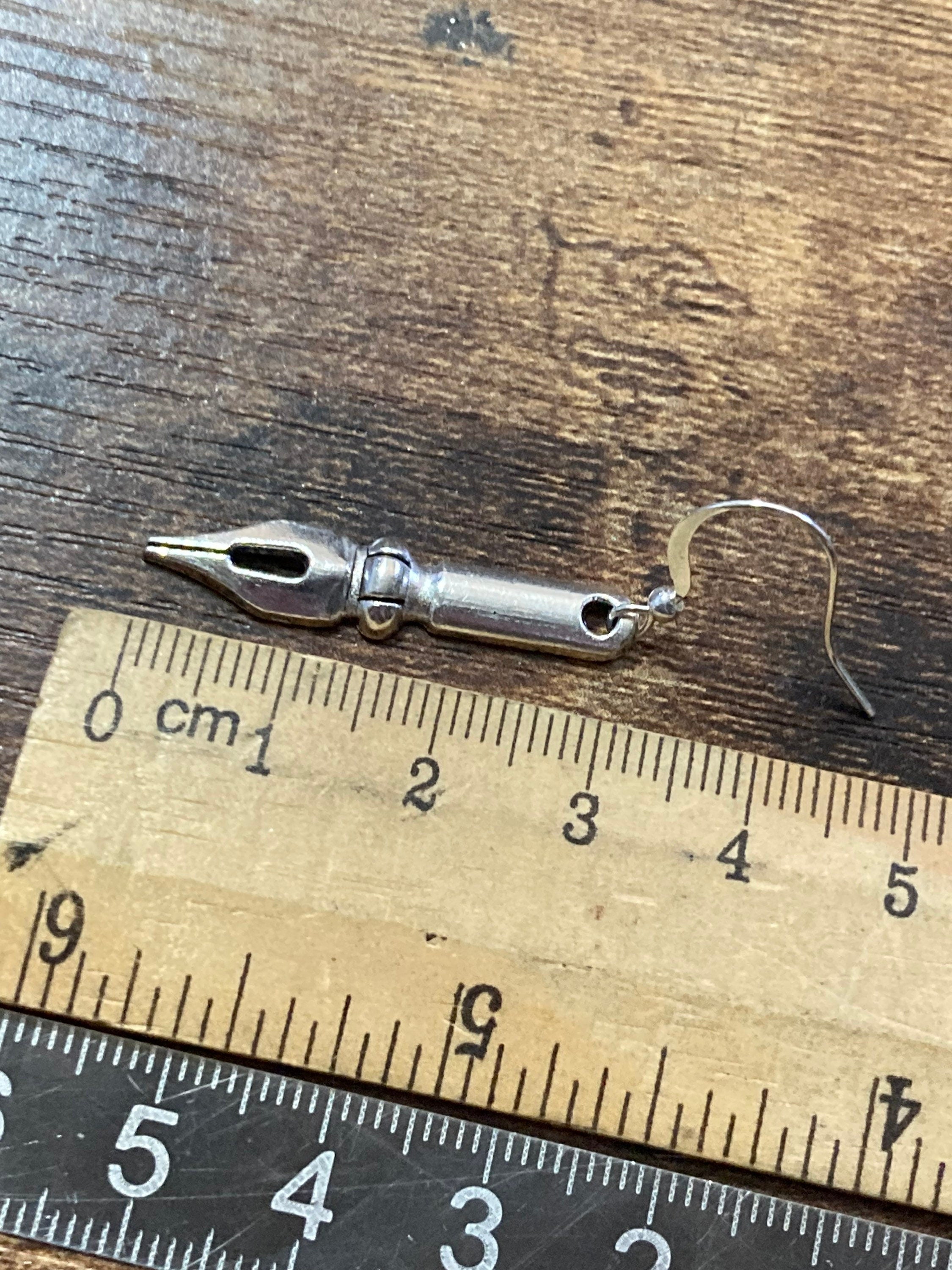 Novelty fountain pen nib drop earrings for writer silver tone