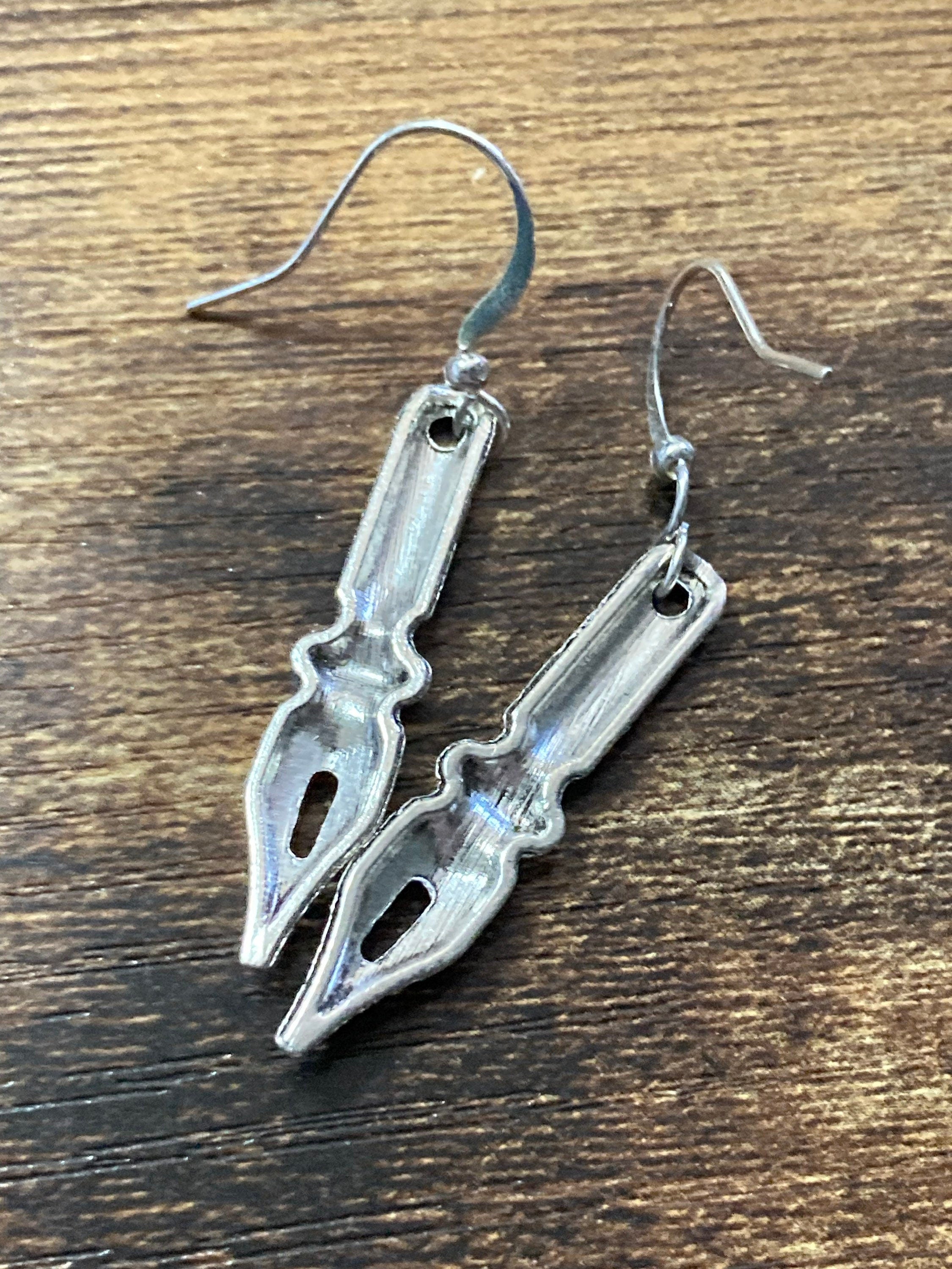 Novelty fountain pen nib drop earrings for writer silver tone
