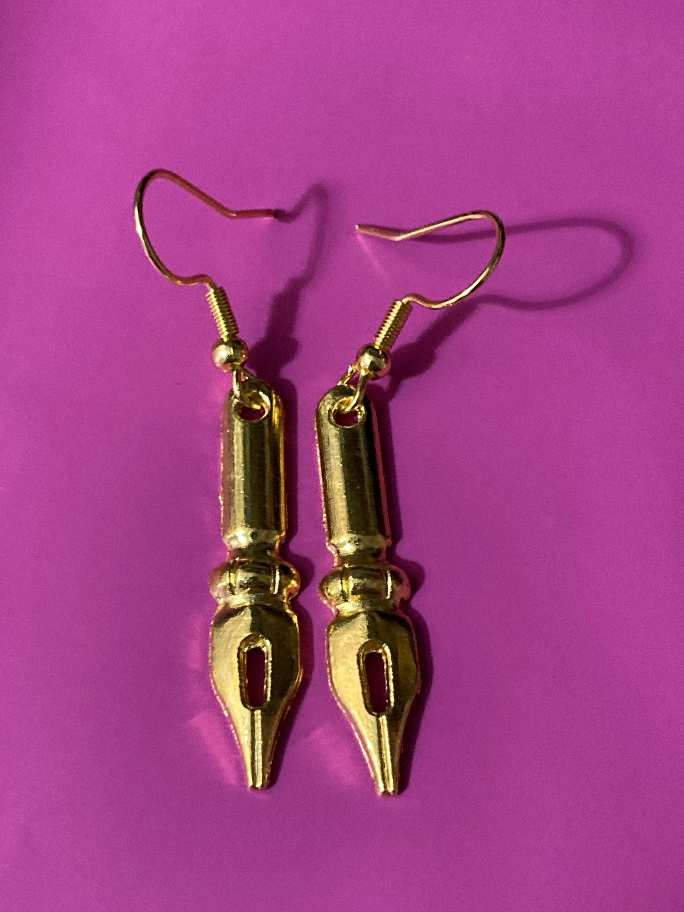 Novelty fountain pen nib drop earrings for writer gold tone