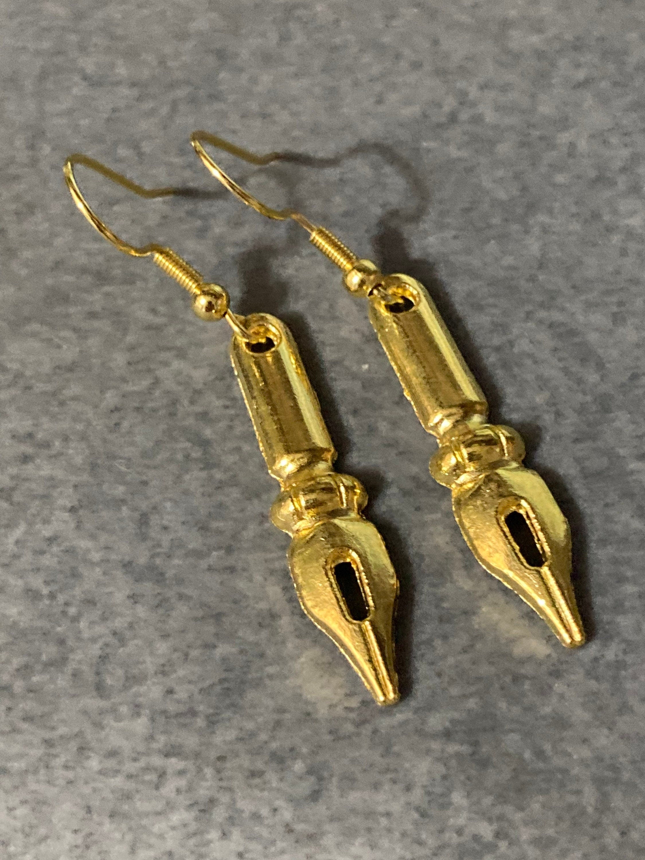 Novelty fountain pen nib drop earrings for writer gold tone