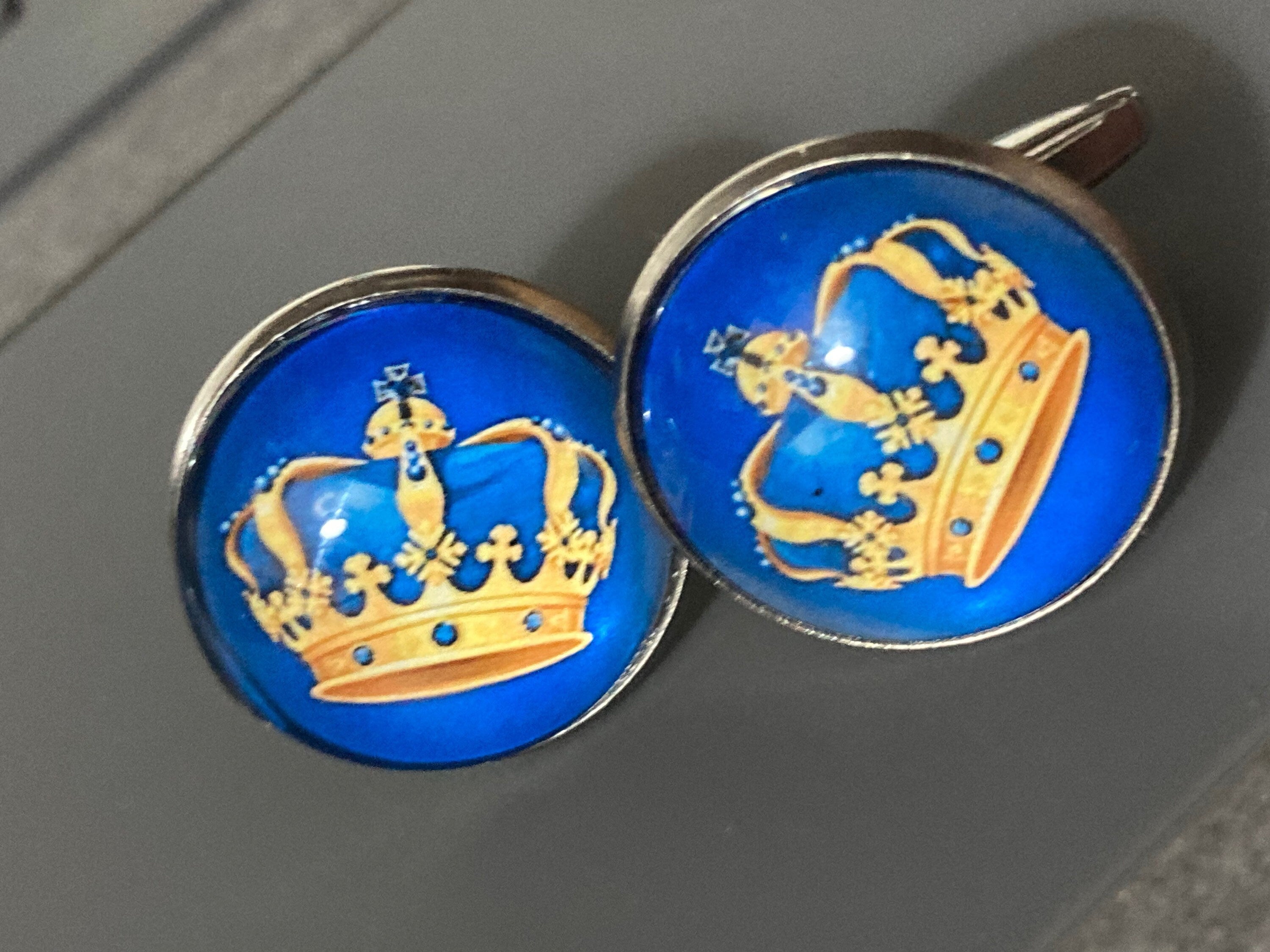 Regal golden crown cufflinks 20mm blue stainless steel