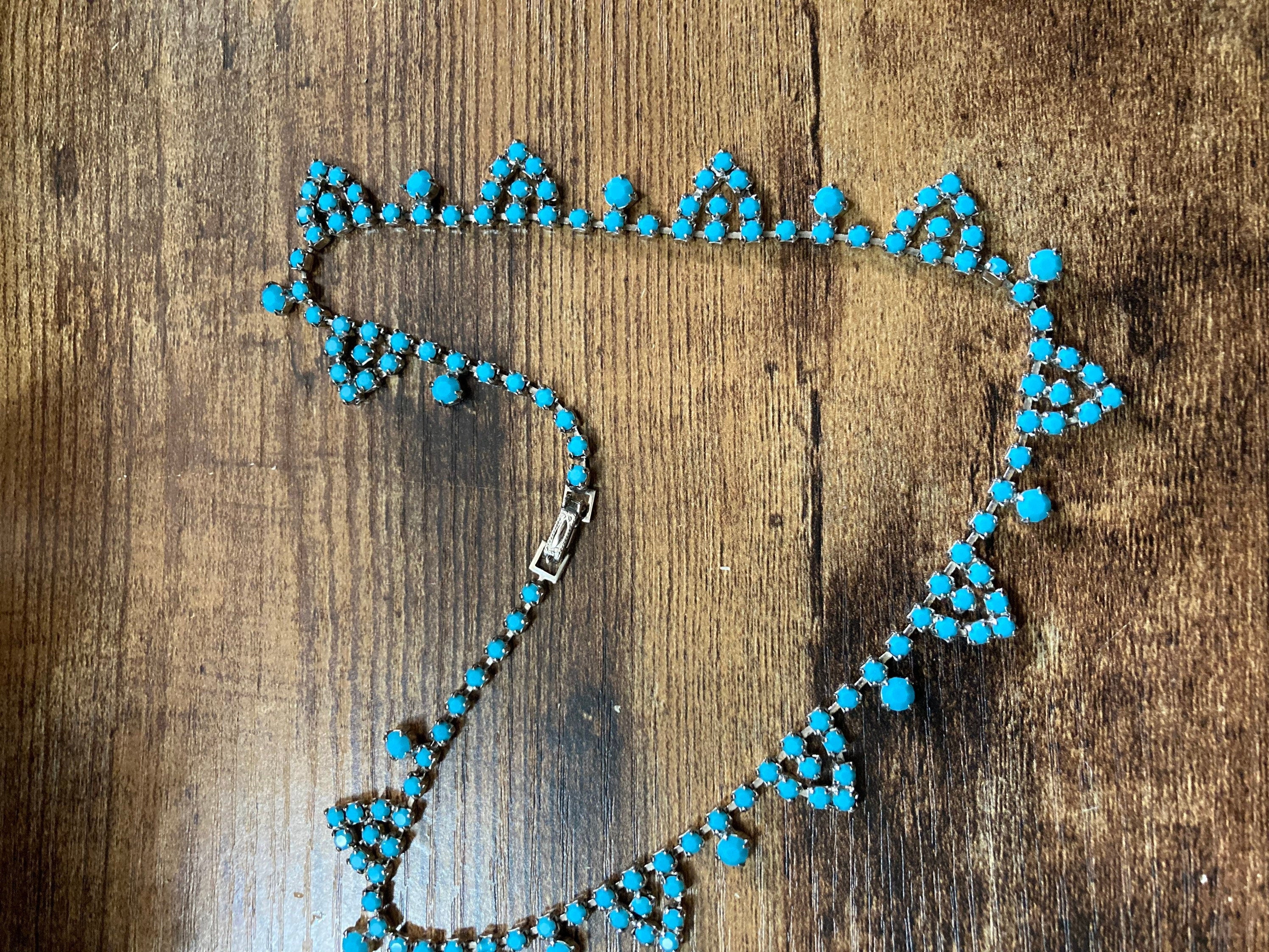 choker necklace with turquoise paste stones 1960s silver tone