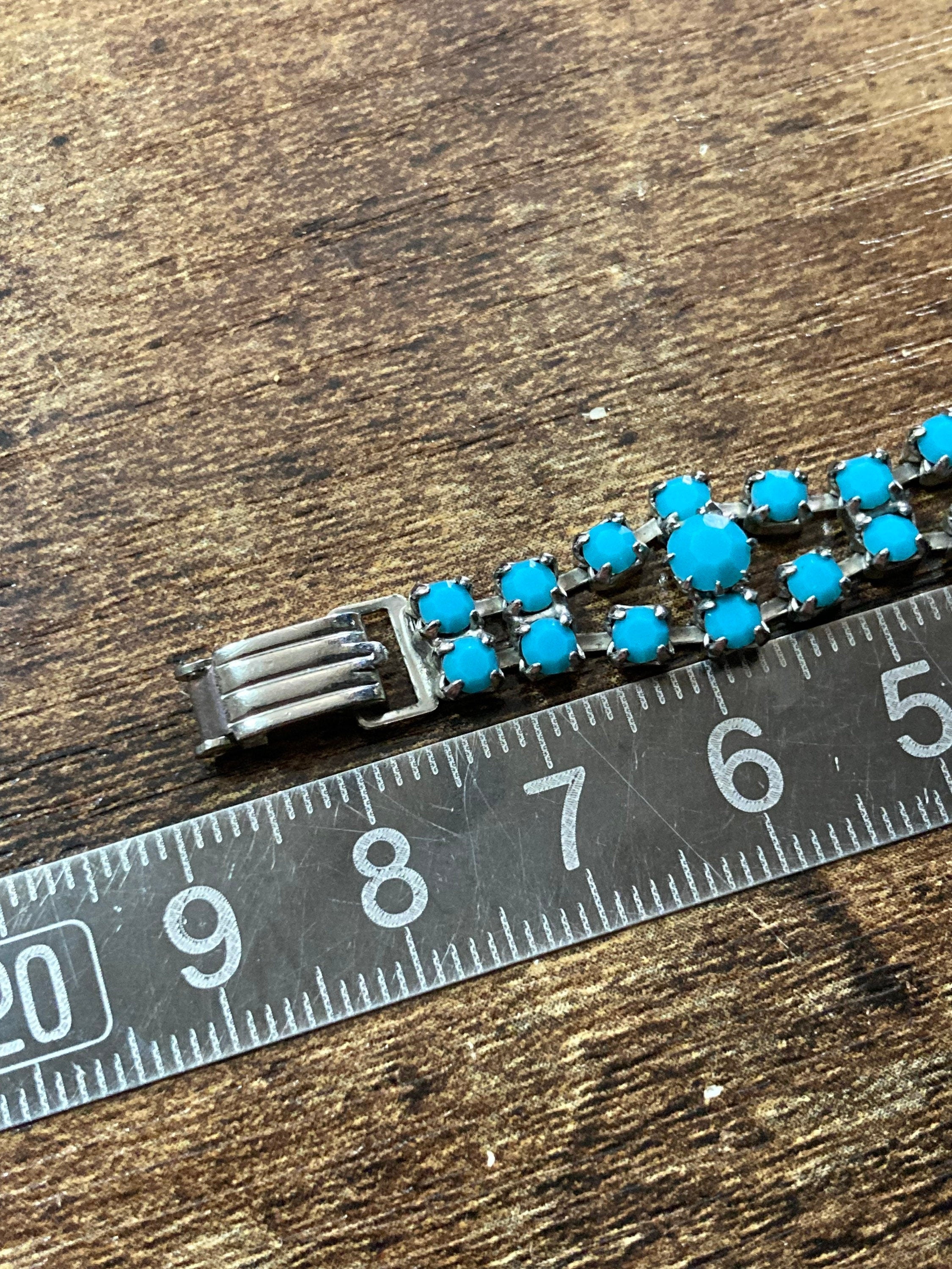 silver tone cuff bracelet with turquoise blue paste diamanté vintage 1960s