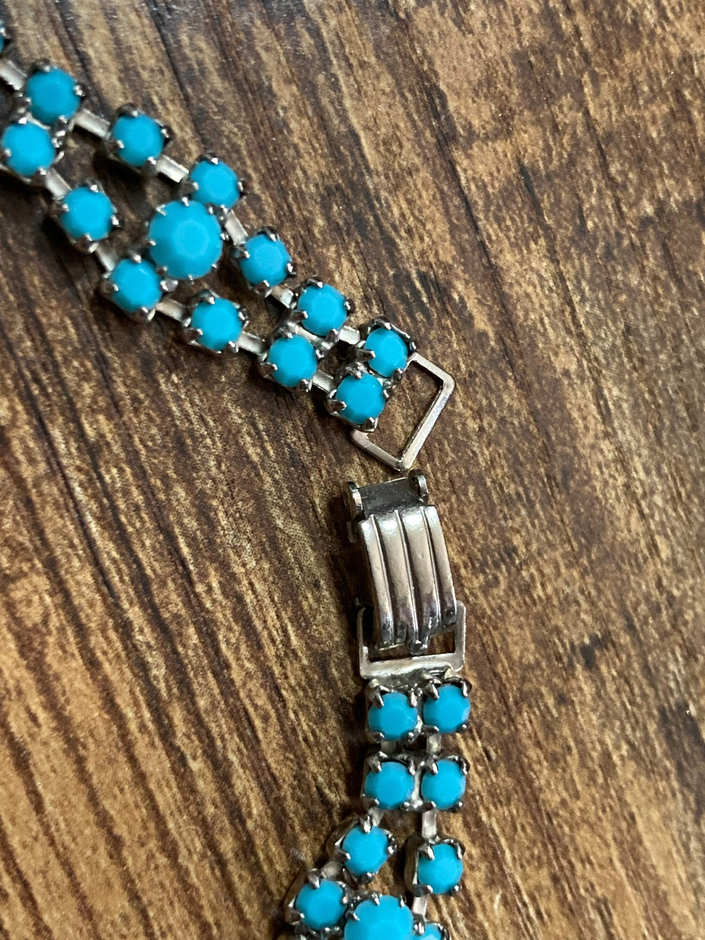 silver tone cuff bracelet with turquoise blue paste diamanté vintage 1960s