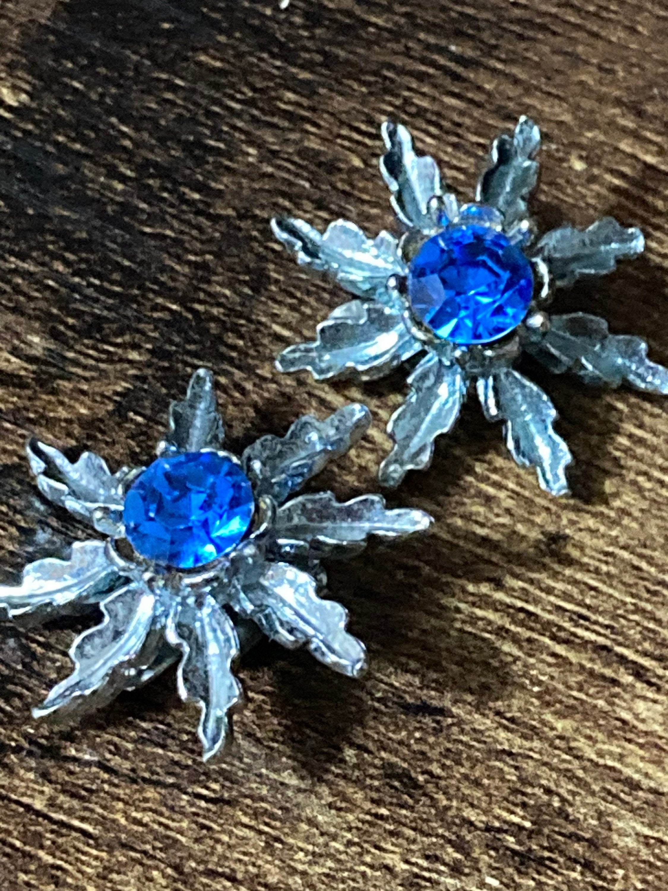 Sapphire blue diamanté star Clip On stud Earrings Silver Tone