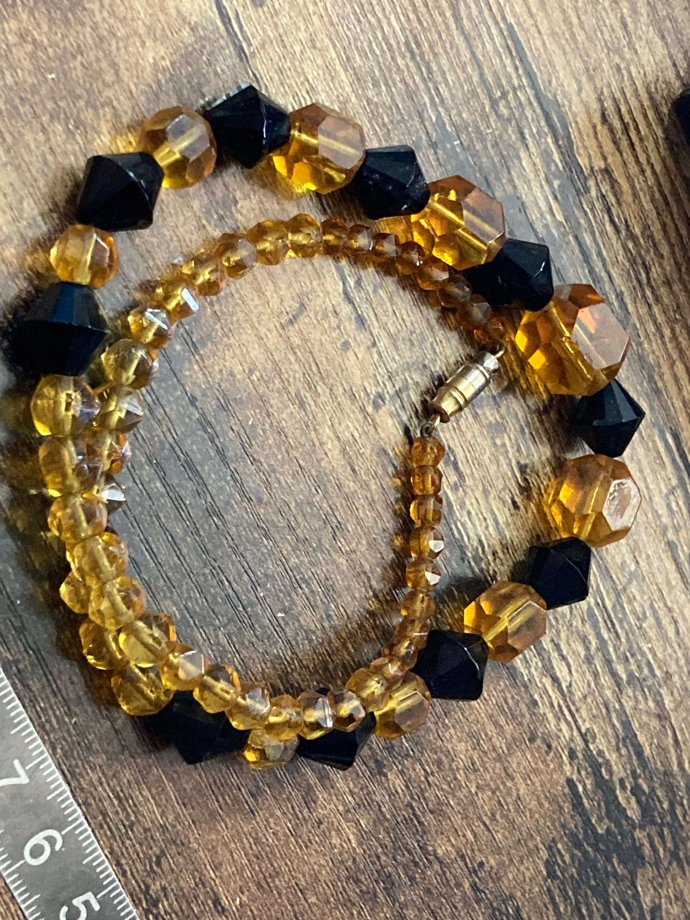 Long Antique black orange faceted glass beaded Art Deco necklace 46cm