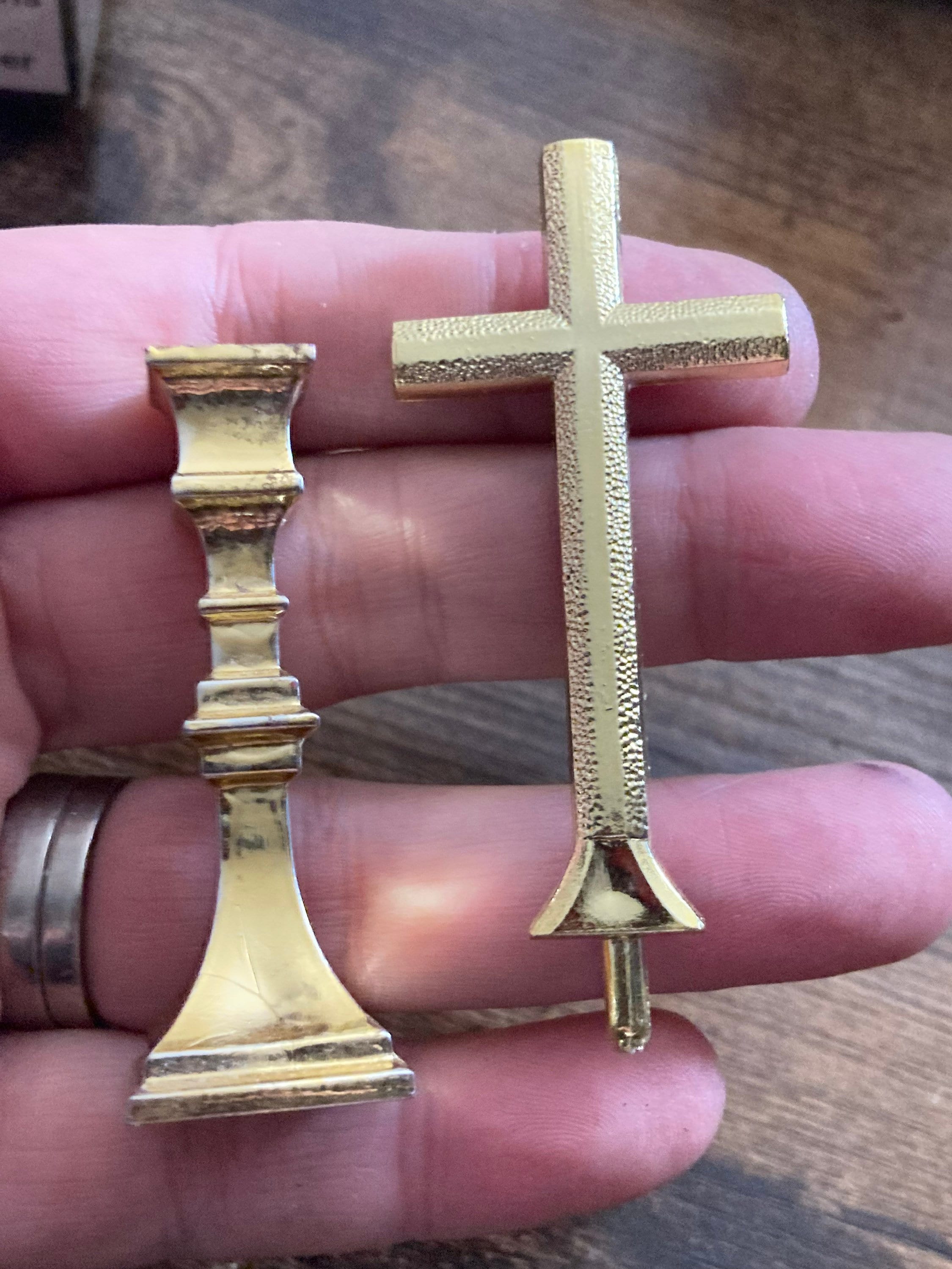 Gold religious cross and candle holder communion baptism christening cake topper decoration