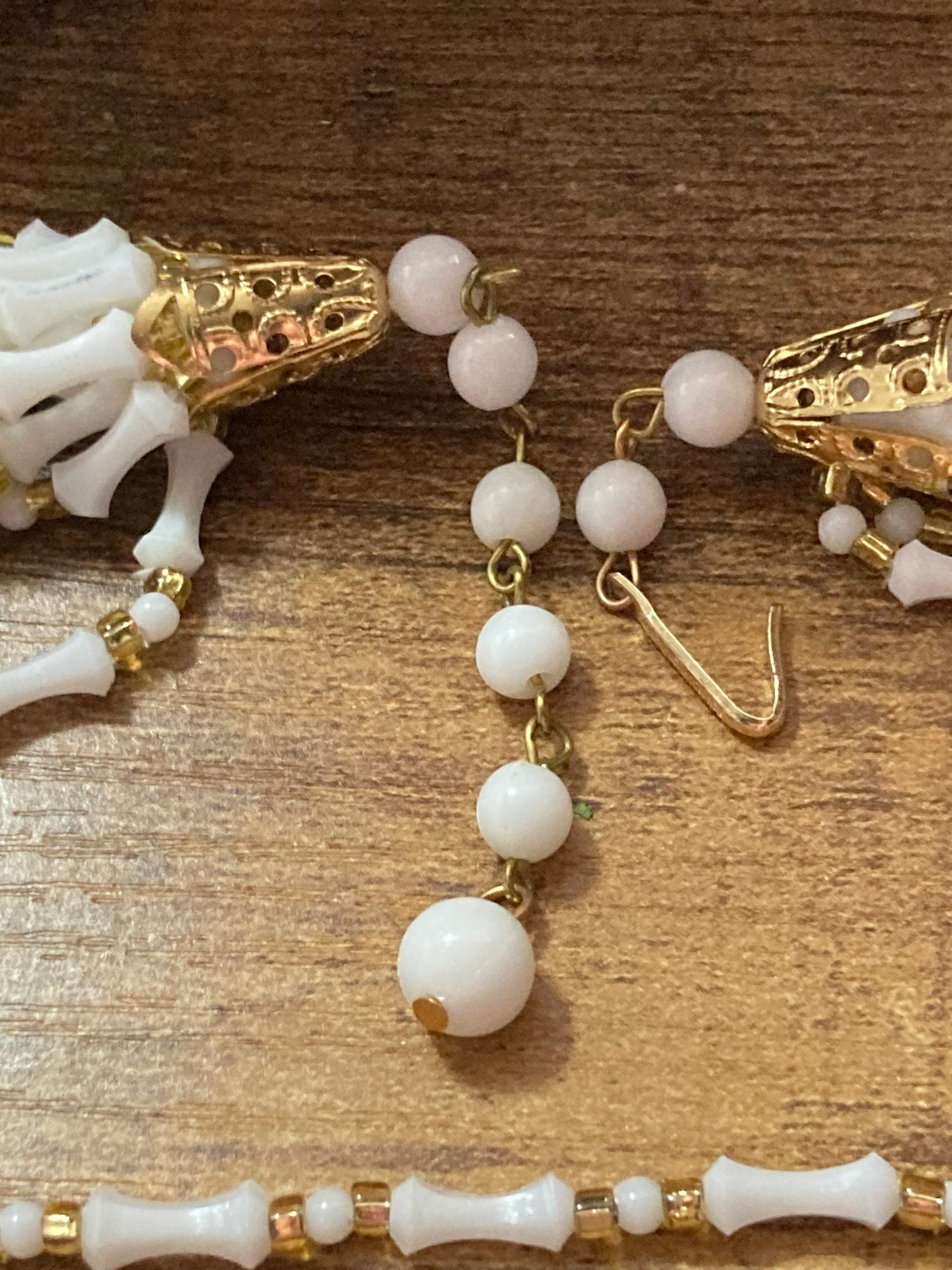 SIGNED HONG KONG Mid century white gold plastic beaded multi strand choker necklace