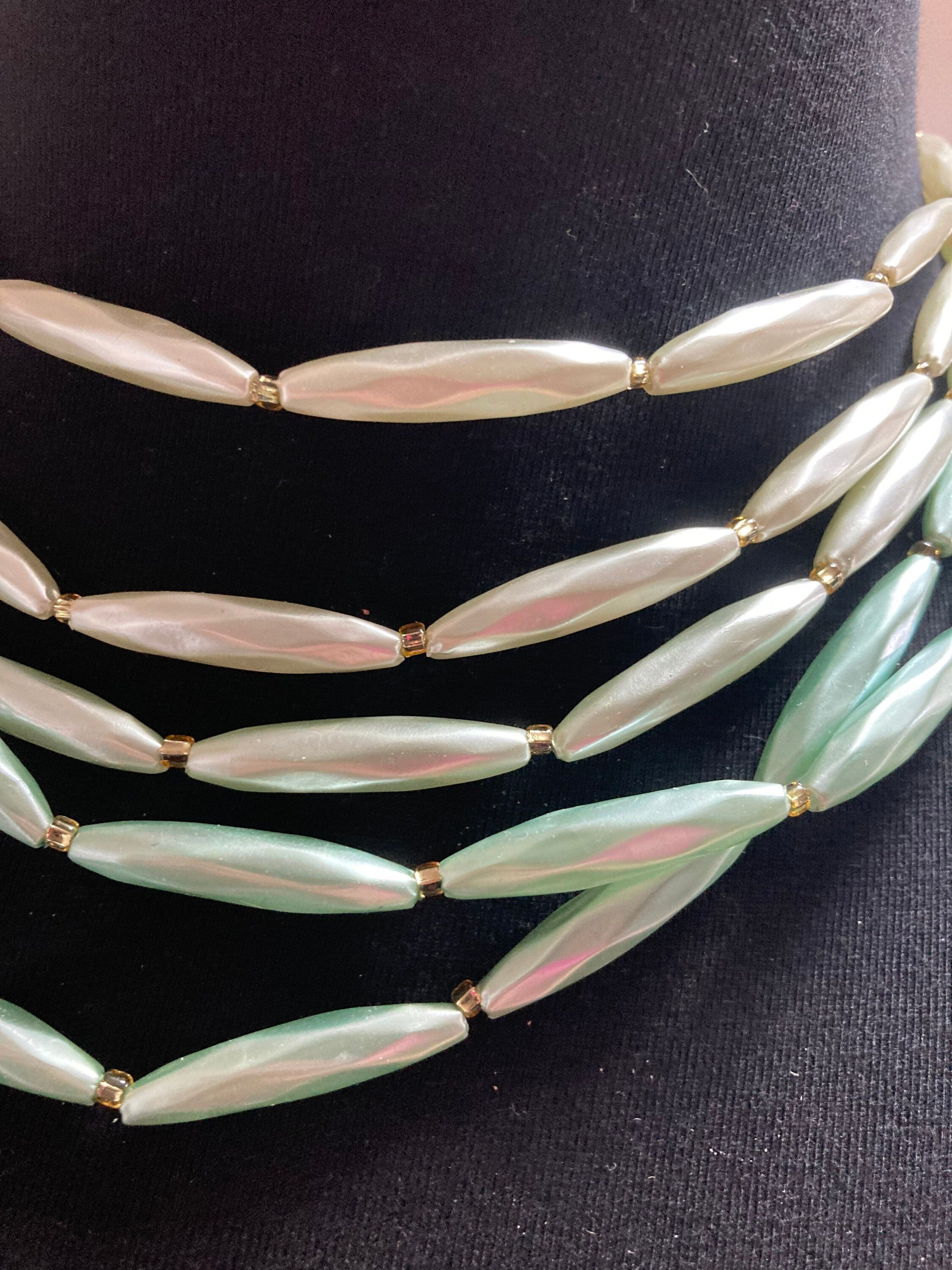 Mid century pastel green faux pearl plastic beaded multi strand choker necklace