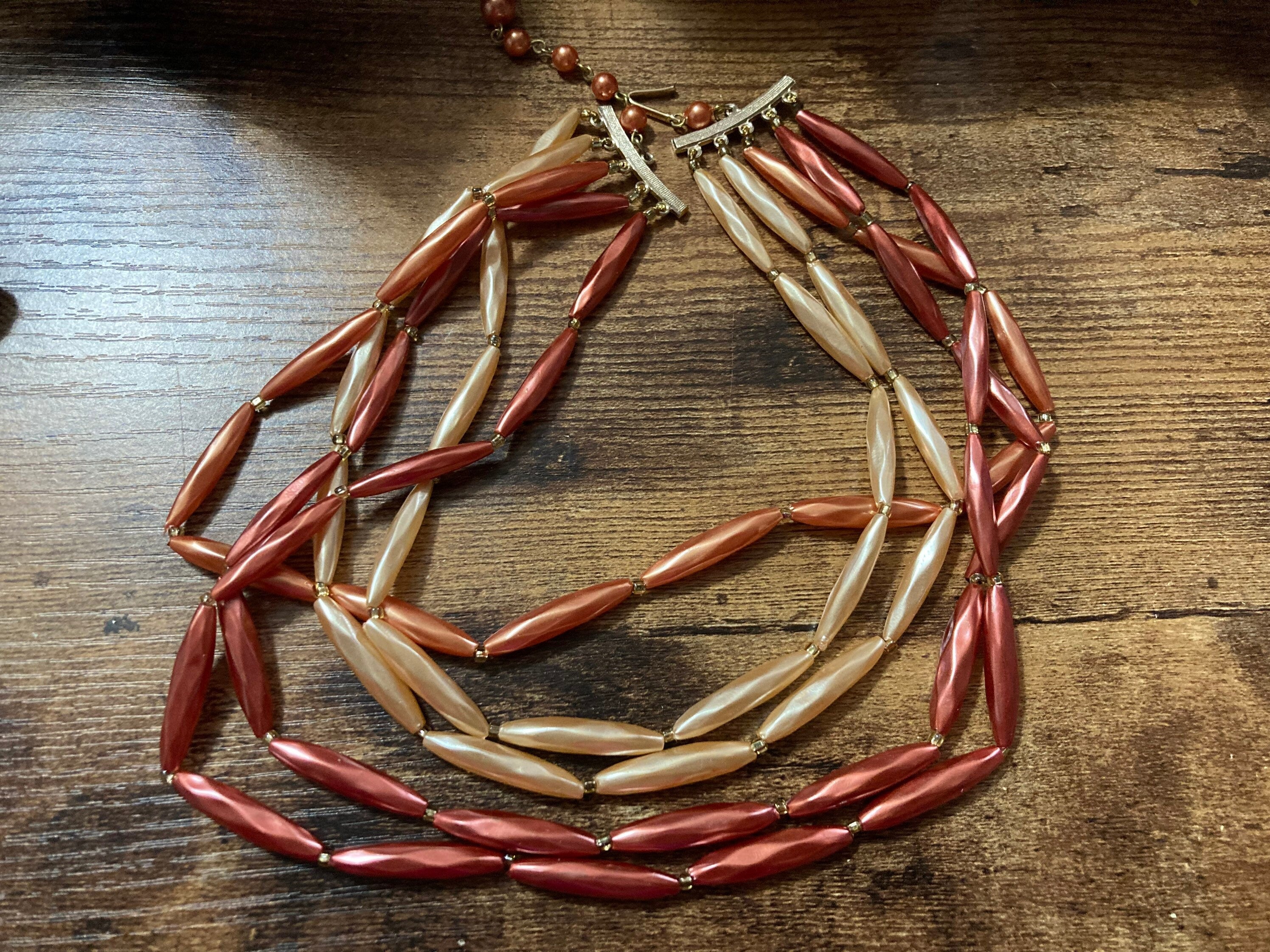 Mid century orange peach pink faux pearl plastic beaded multi strand choker necklace