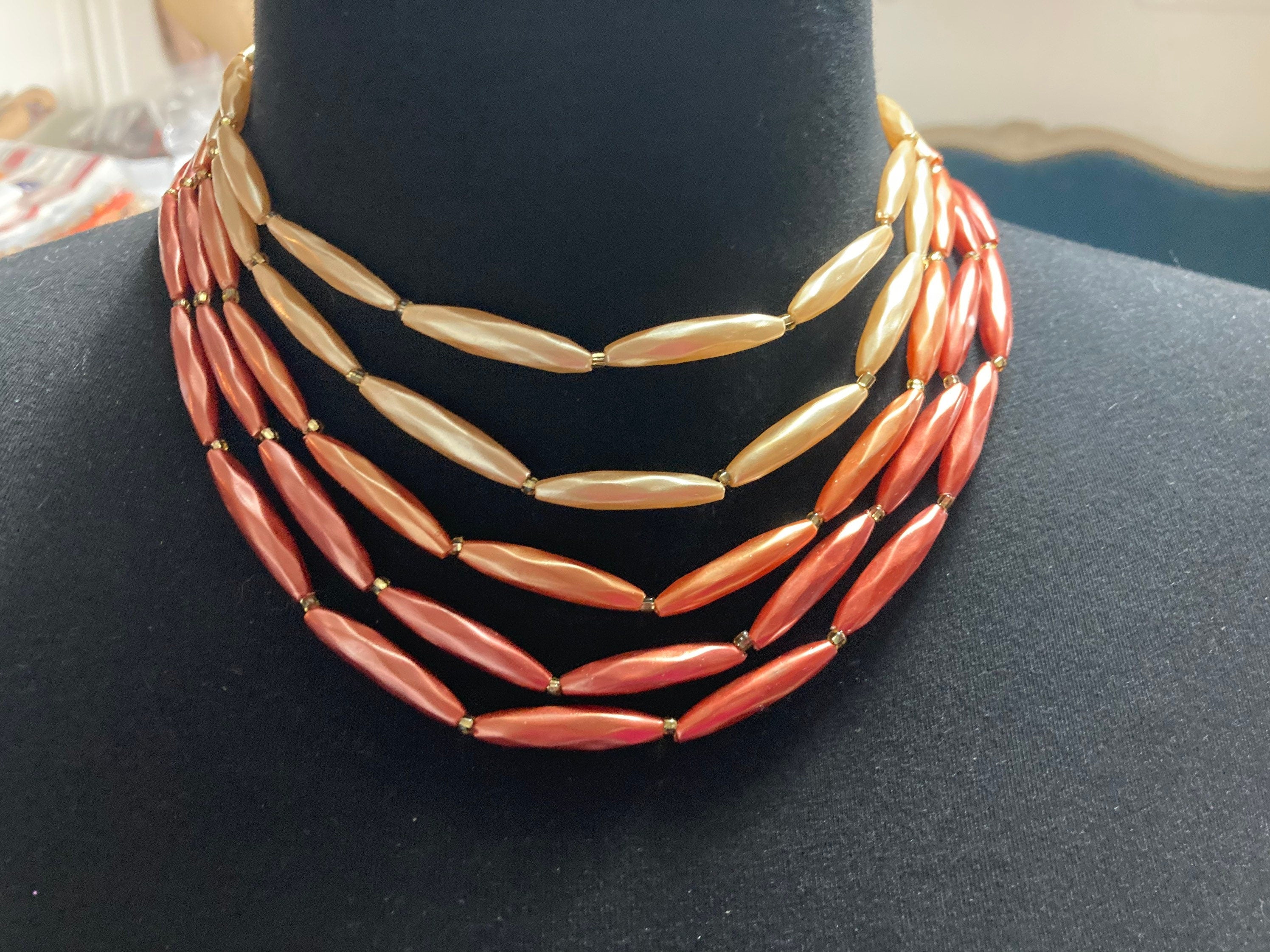 Mid century orange peach pink faux pearl plastic beaded multi strand choker necklace