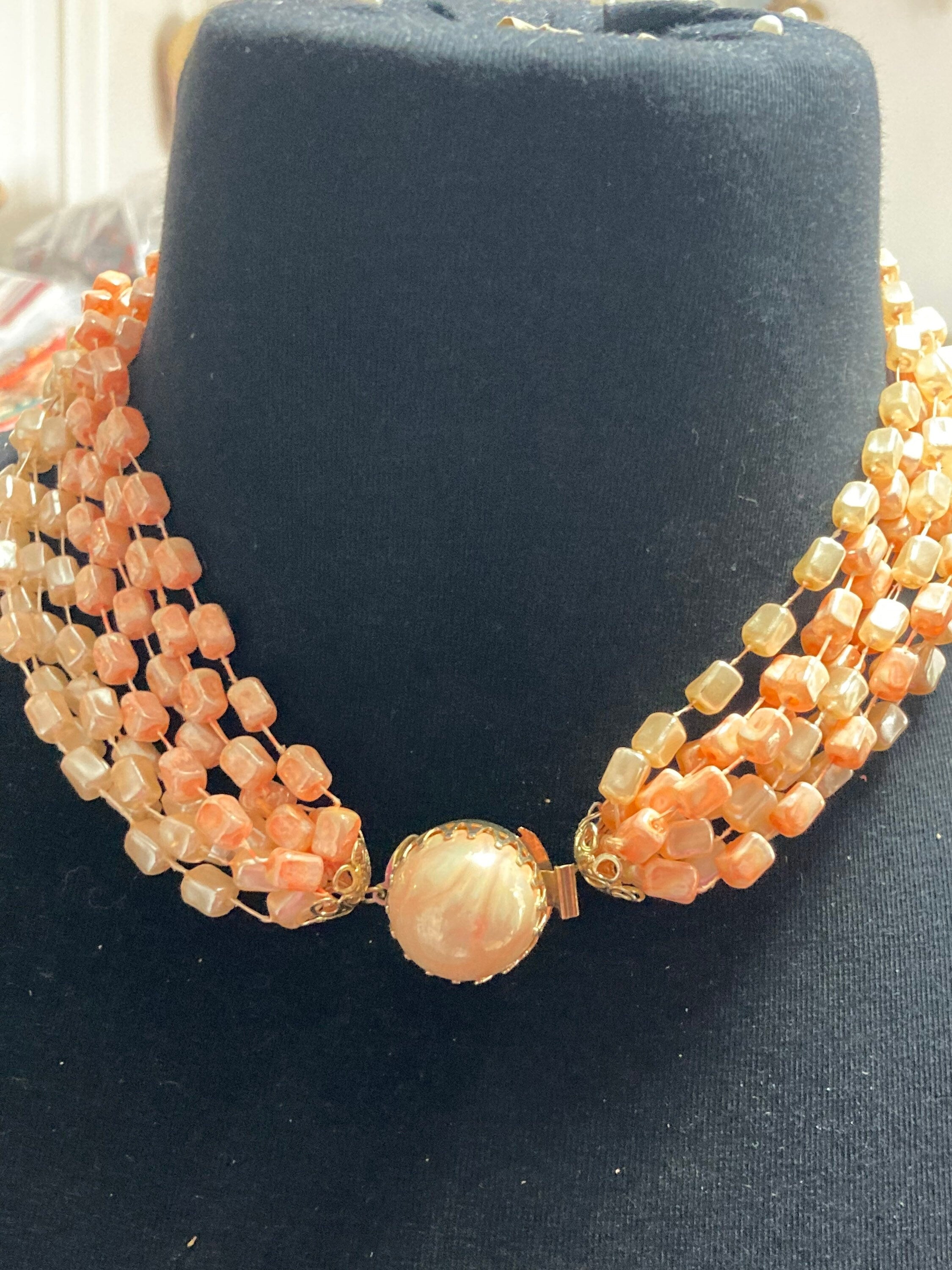 Mid century orange peach pink faux pearl square plastic beaded multi strand choker necklace
