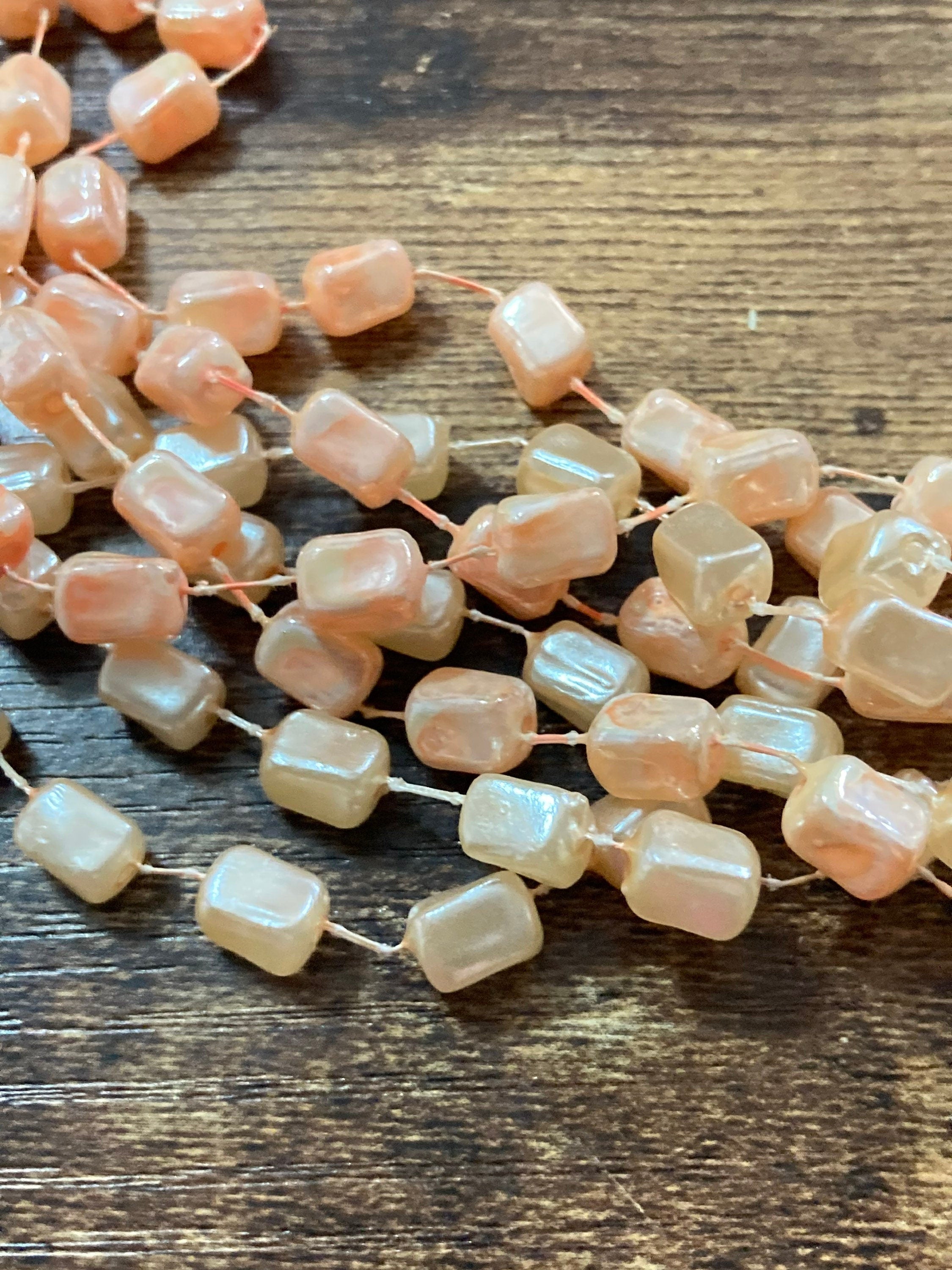Mid century orange peach pink faux pearl square plastic beaded multi strand choker necklace